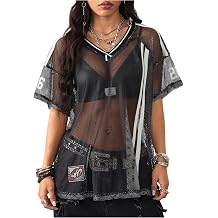 BEAUDRM Womens Jersey Shirts Striped Letter Print Oversized Sheer T Shirt Short Sleeve Going Out Tops