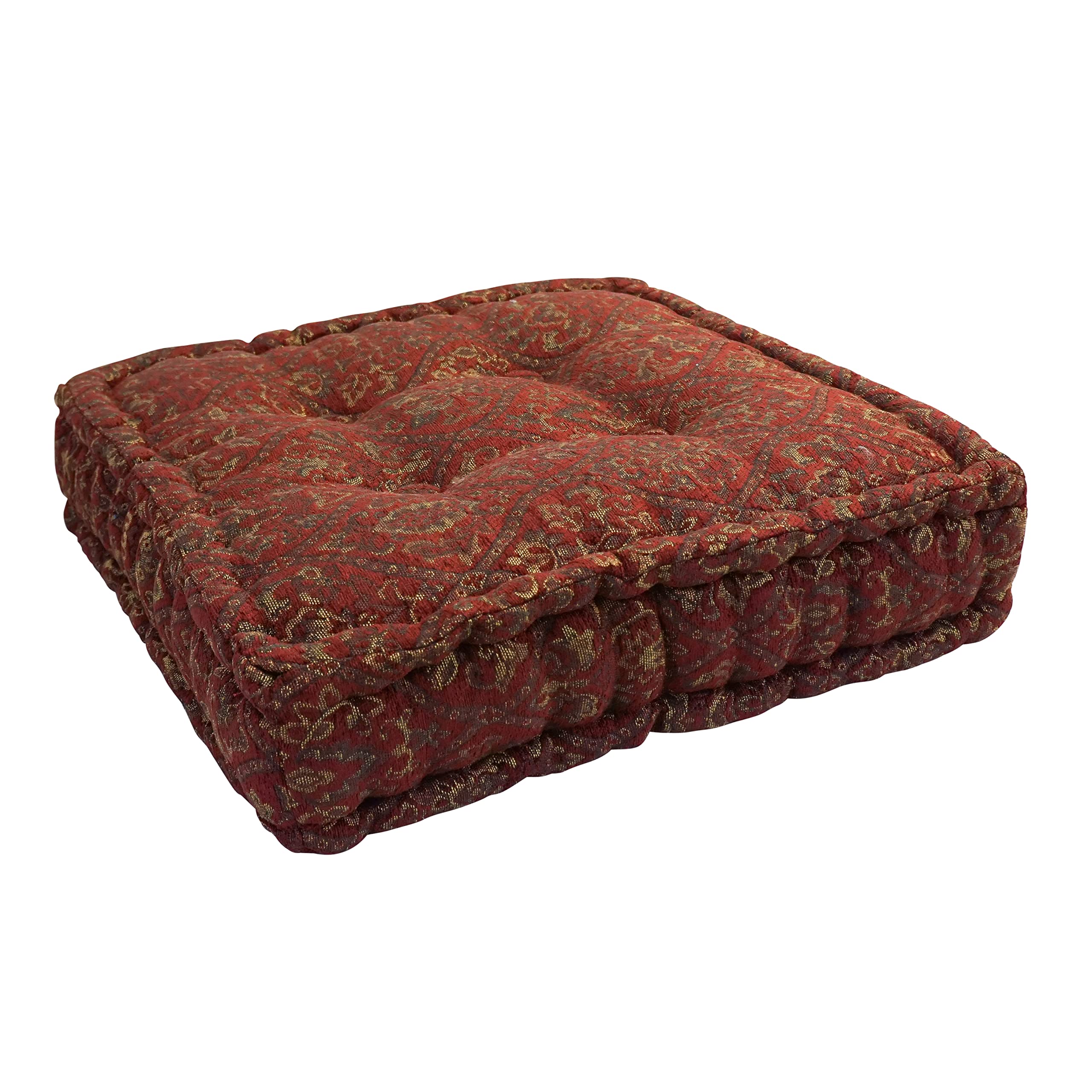 Blazing Needles Button Tufted Jacquard Chenille Square Floor Pillow, 20", Burgundy Vines
