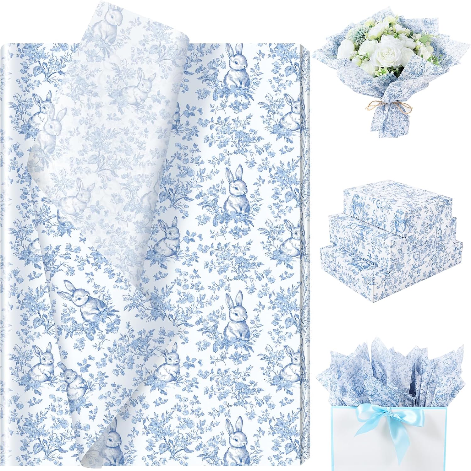 100 Sheets French Bunny Toile Tissue Paper, 13.8'' x 19.7'' Bunny Floral Seamless Pattern Art Crafts Paper Vintage Rabbit Flower Tissue for Spring Easter Birthday Baby Shower Supplies (Blue)