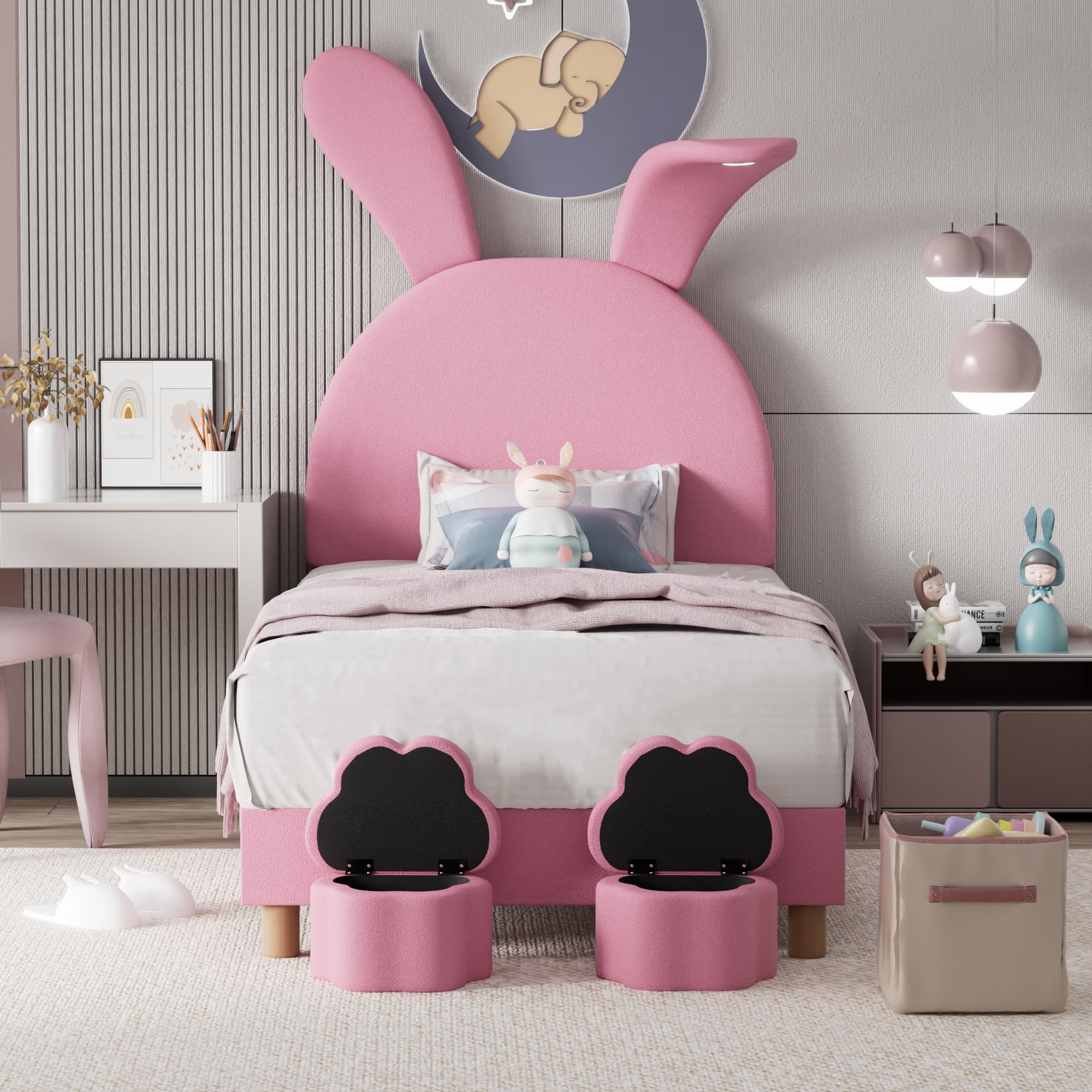 Cama tapizada de 90 x 200 cm con espacio de almacenamiento, luz LED y orejas de conejo, altura regulable, somier sin colchón, cama juvenil de terciopelo rosa