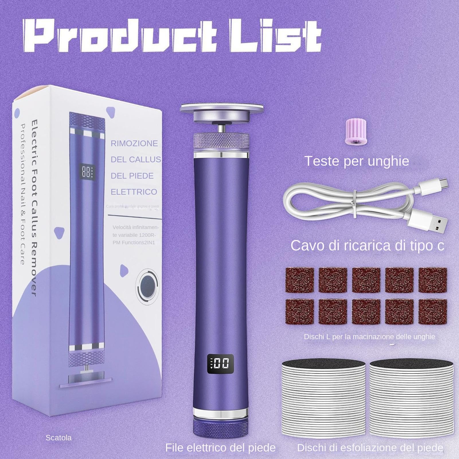 Lima Elettrica Per Piedi,Trattamento Calli con Dispositivo Elettrico - Rasoio Elettrico Portatile Ricaricabile con 12 Velocità Regolabili per Rimuovere Pelle Dura e Calli, Per Uomo e Donna | Strumento Calli Ai Piedi Per Pedicure Domestico Salone Spa Viagg