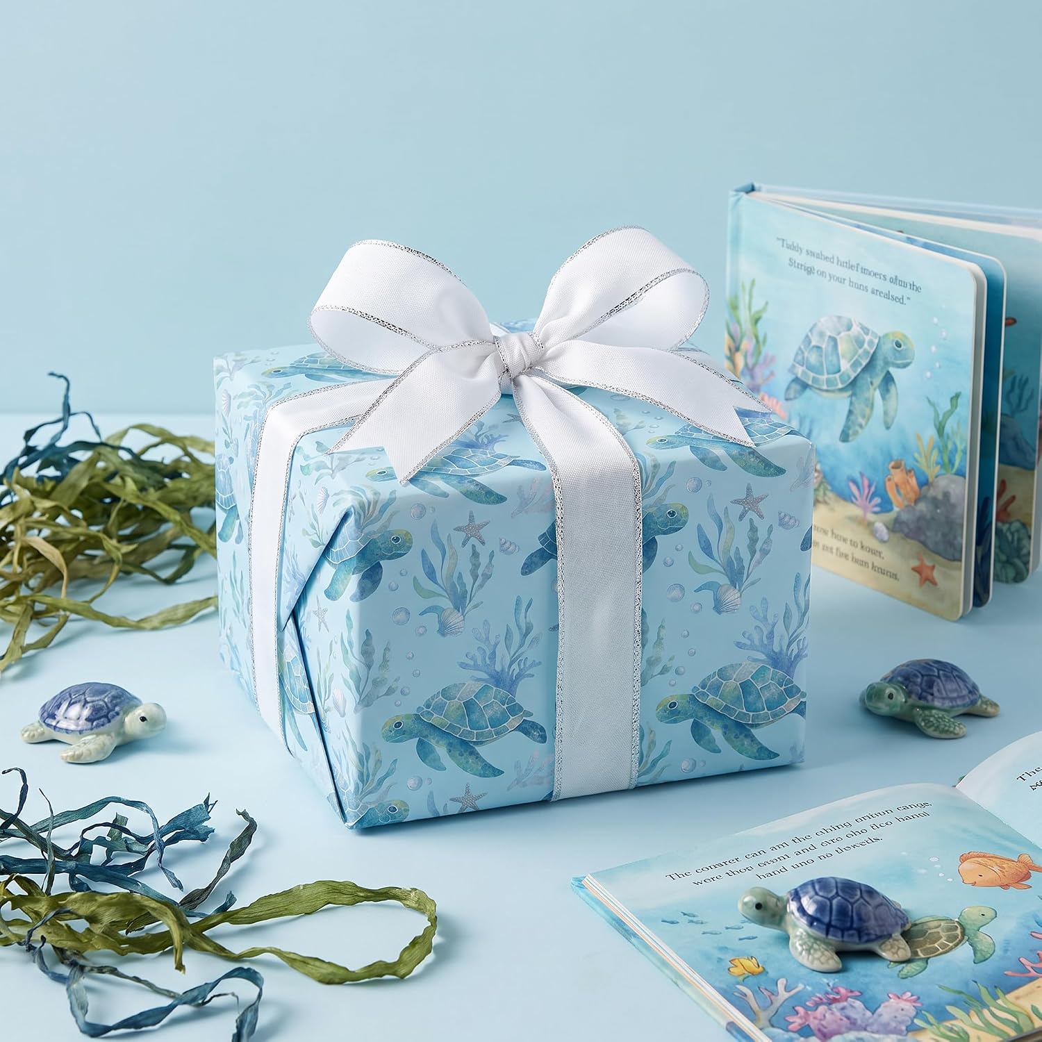 WRAPAJOLIC Sea Turtle Wrapping Paper Roll - Mini Roll - 17 Inch x 16.5 Feet - Under the Sea Wrapping Paper with Turtles and Coral Design Perfect for Boys Girls Kids Birthday, Baby Shower image 4