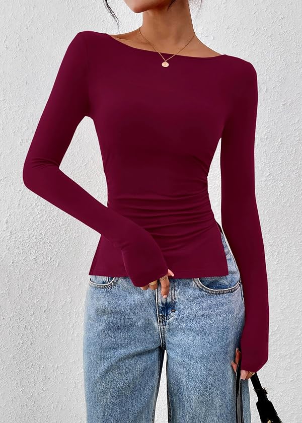 KIRUNDO Long Sleeve Going Out Tops for Women 2026 Spring Casual Boat Neck Workout Shirts Fall Fitted Side Slit Basic Tees(Burgundy, Large) by KIRUNDO - Used condition - Image 4