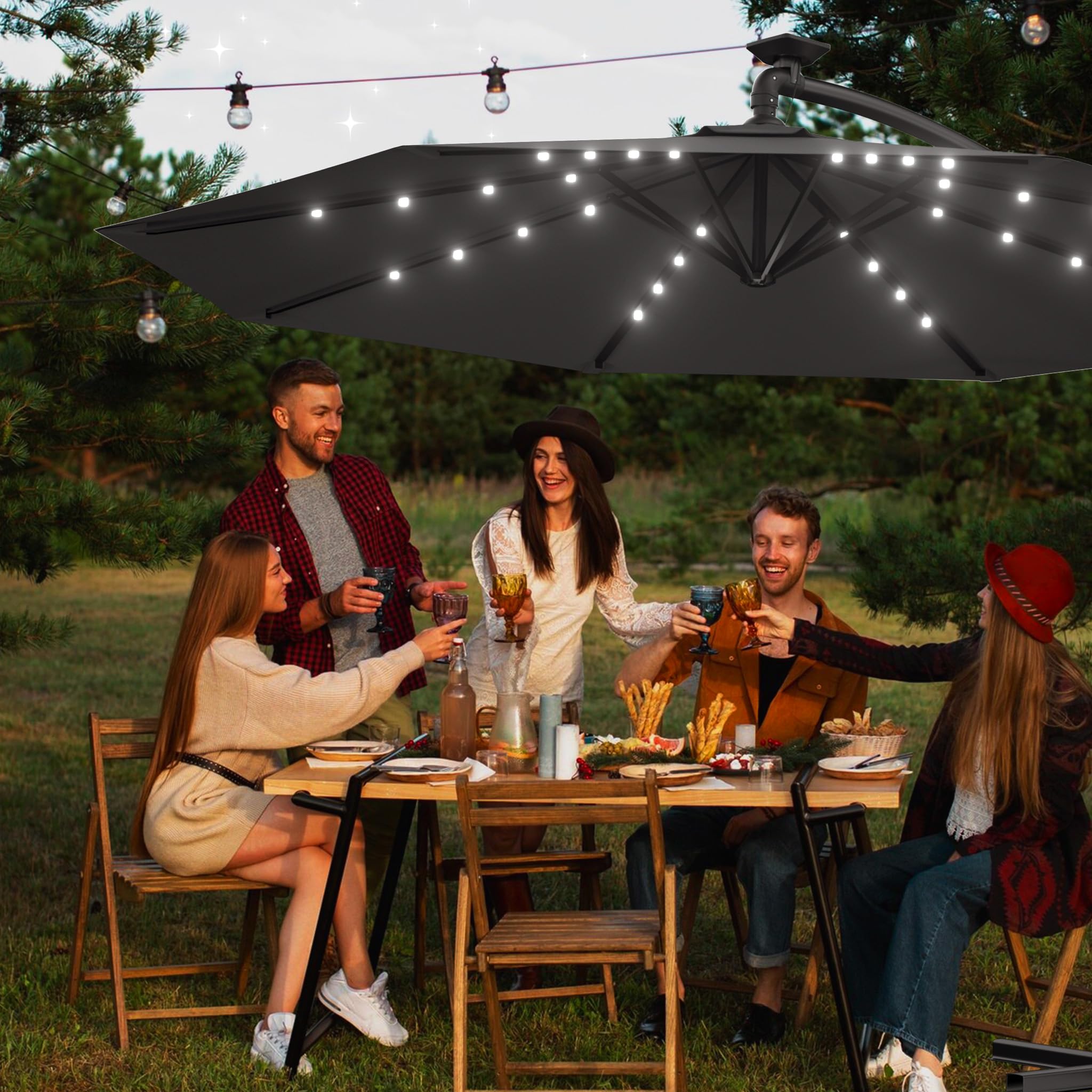 AufuN Aluminiowy parasol przeciwsłoneczny Ø 300 cm/Ø 350 cm z solarnym oświetleniem LED, parasol przeciwsłoneczny z korbą, regulacja wysokości, ochrona przed promieniowaniem UV 40+, wodoodporne obicie