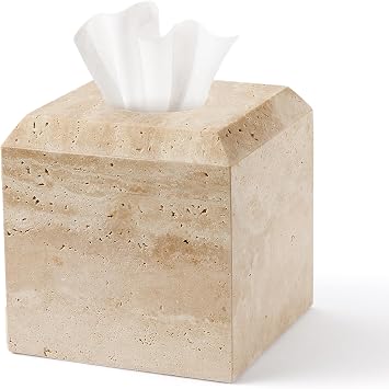 Italian Natural Travertine Stone Heavy Duty Square Facial Toilet Paper Holder Tissue Box Cover for Bathroom Living Room Bedroom Dresser Kitchen Minimalist Office Home Decoration Beige TBC145WT