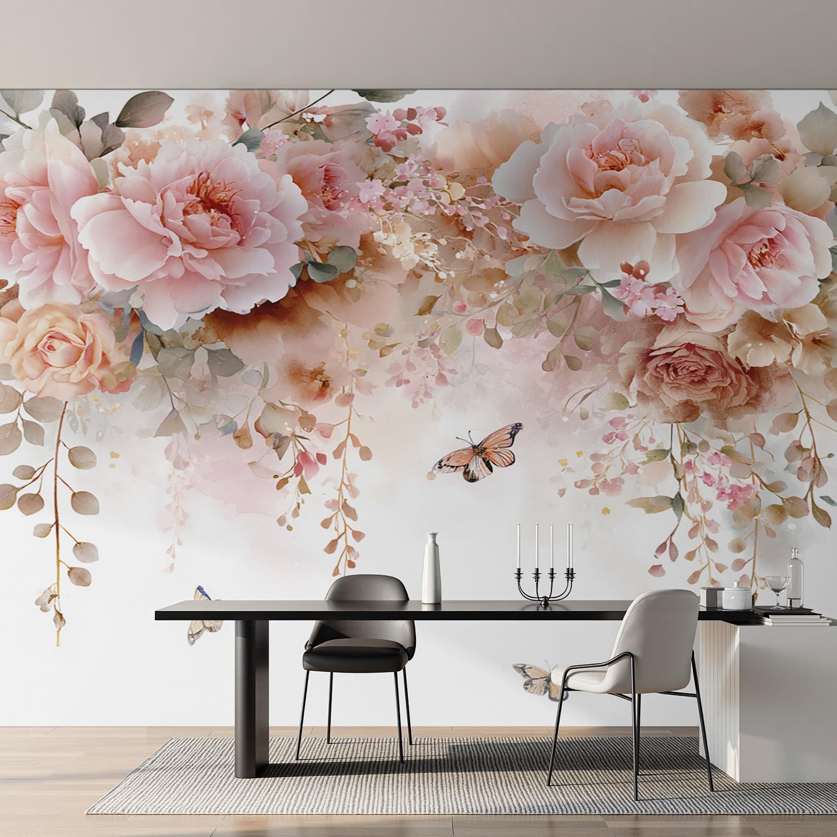 Papier Peint Panoramique Papillons et Fleurs Rose | Revêtement Intissé Haute Qualité 300x210