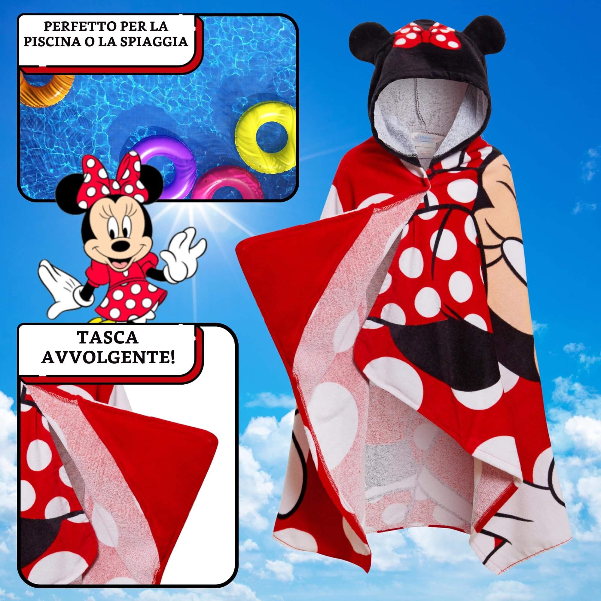 Disney Asciugamano con cappuccio Minnie Mouse 100% cotone Poncho per ragazze Asciugamano da spiaggia per bambini Asciugamano da bagno Avvolgente da piscina Accappatoio da cambio