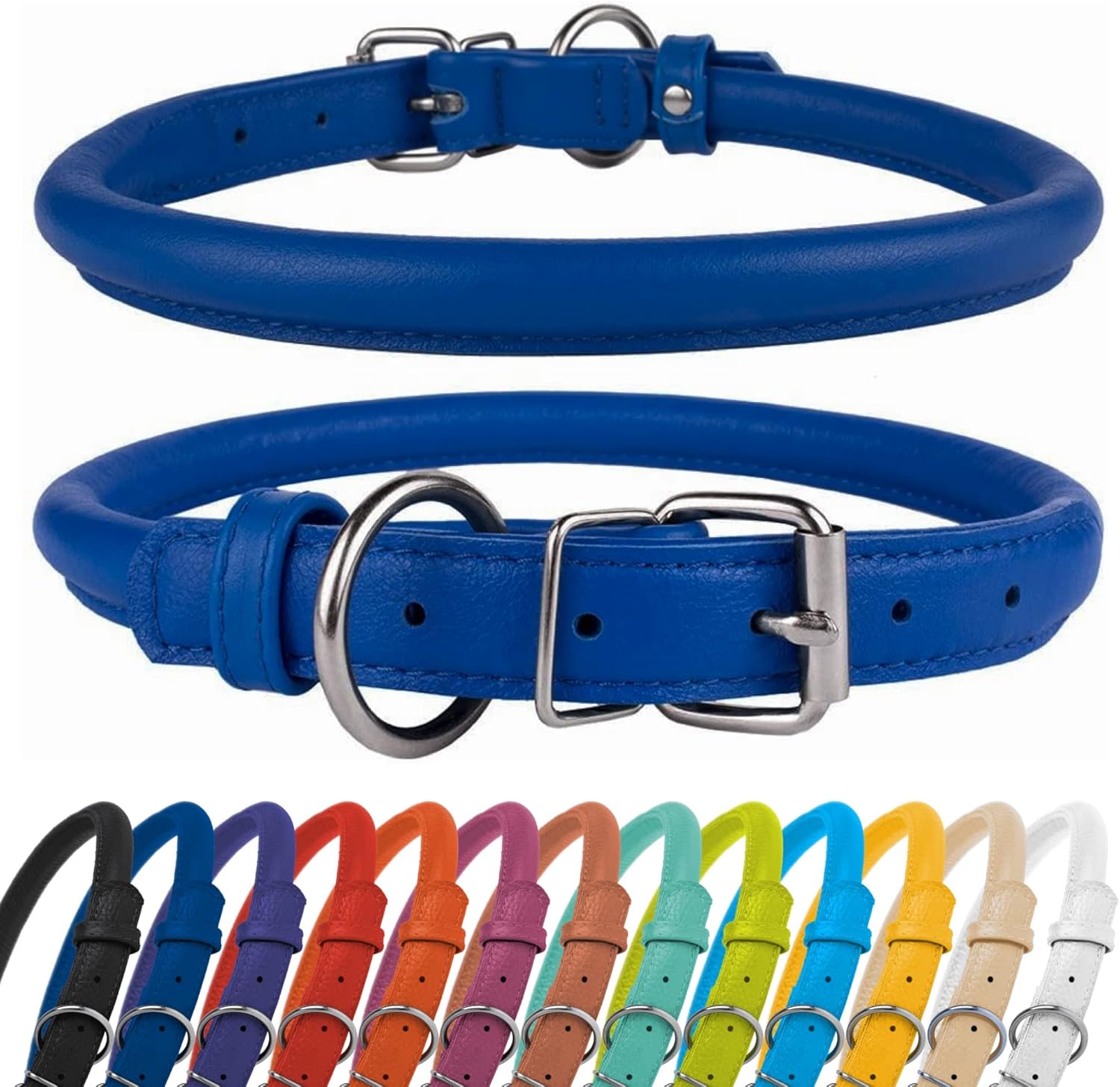 CollarDirect Rolled Leather Dog Collar, Soft Padded Round Puppy Collar