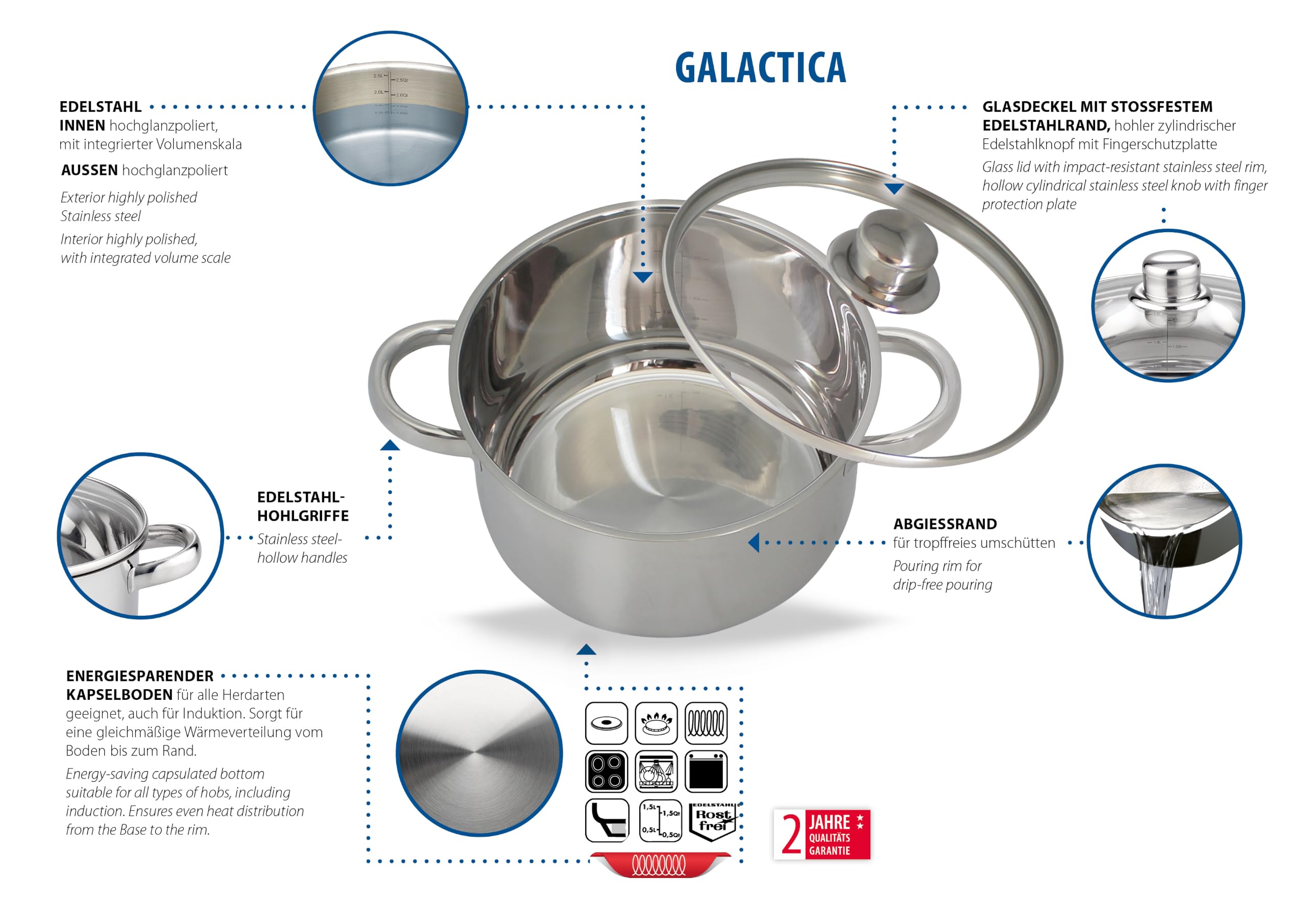 ELO Galactica 15-częściowy zestaw garnków ze stali nierdzewnej, z krawędzią do odlewania, odporne na wysokie temperatury uchwyty ze stali nierdzewnej, nadają się do płyt indukcyjnych, skala objętości