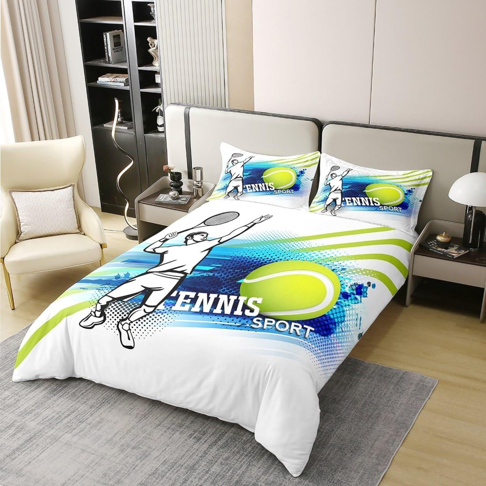 Parure De Lit Tennis 140x200 Cm – Housse De Couette Réversible Microfibre, 2 Taies D’oreiller 65x65 Cm