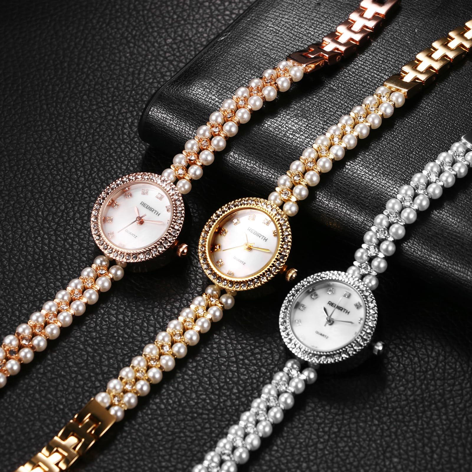 JewelryWe Damenuhr Strass Perlen Uhr 30m Wasserdicht Glitzer Diamant Perlenuhr Damen Analog Quarz Armbanduhr Elegant Klein Rund Lässige Uhr mit schmalem Metallarmband