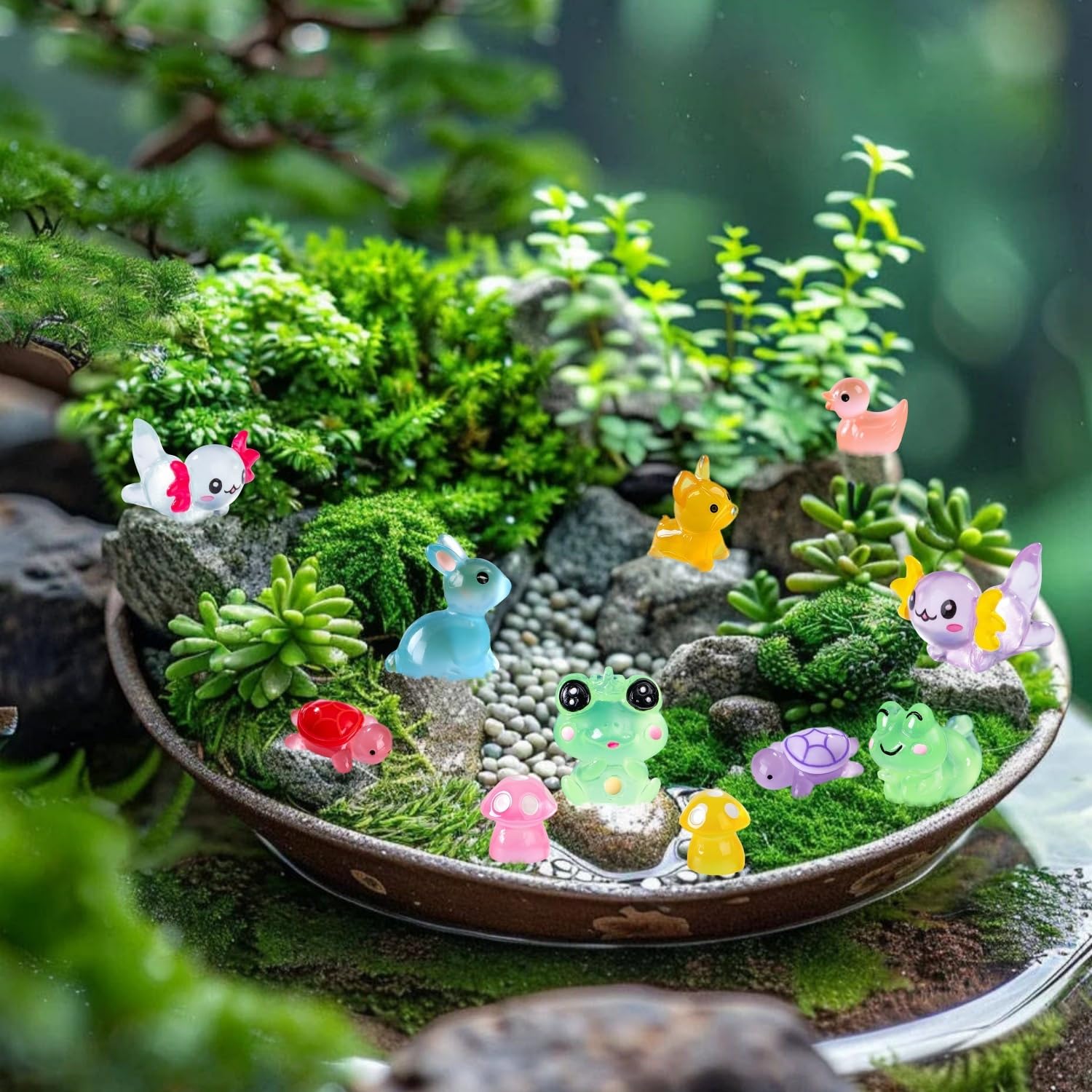 60 mini animales luminosos de resina, 7 estilos pequeños en miniatura que brillan en la oscuridad, patos conejos, perros pequeños para acuario, jardín de hadas, micropaisaje, casa de muñecas