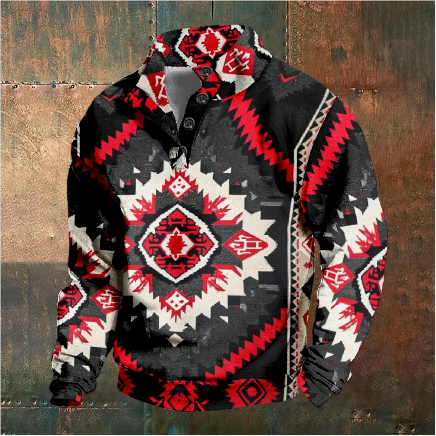 Aztec Print Cowboy Hoodie Mens Collar Neck Western Vintage Warm Casual Long Sleeve Button Pullover Sweaters - Image 2