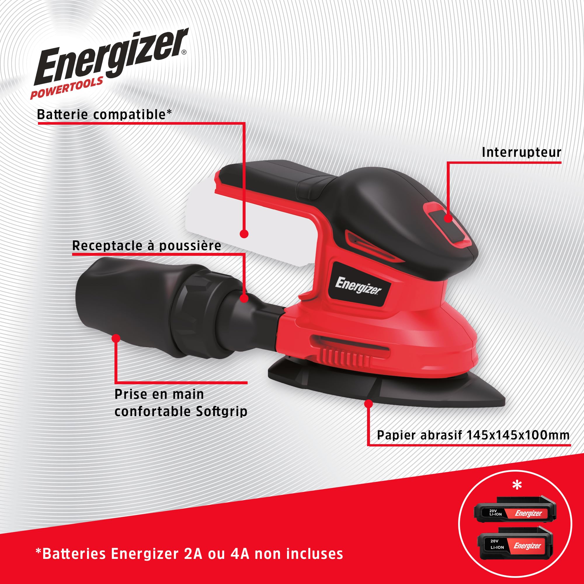 Energizer - Levigatrice Orbitale Multifunzione Triangolare Senza Fili 20V con Batterie Incluse – 10000 OPM, Sacchetto Aspirapolvere, 10 Fogli Abrasivi Inclusi (P60/80/120), Ideale per Finiture e Fa