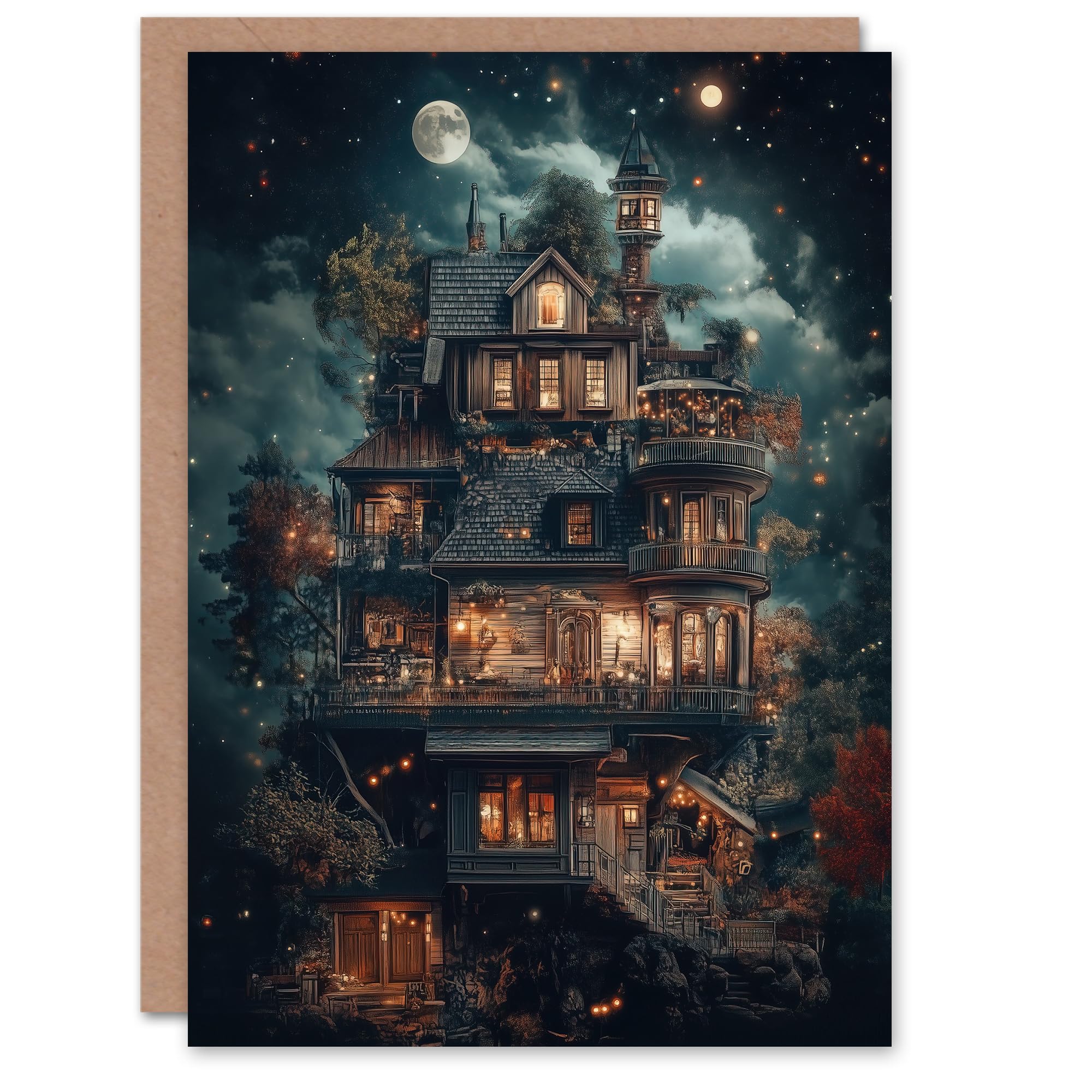 Artery8 Greeting Card The Burrow Witch Home at Night Conceptual Art Blank For Him Or Her Art Birthday Card