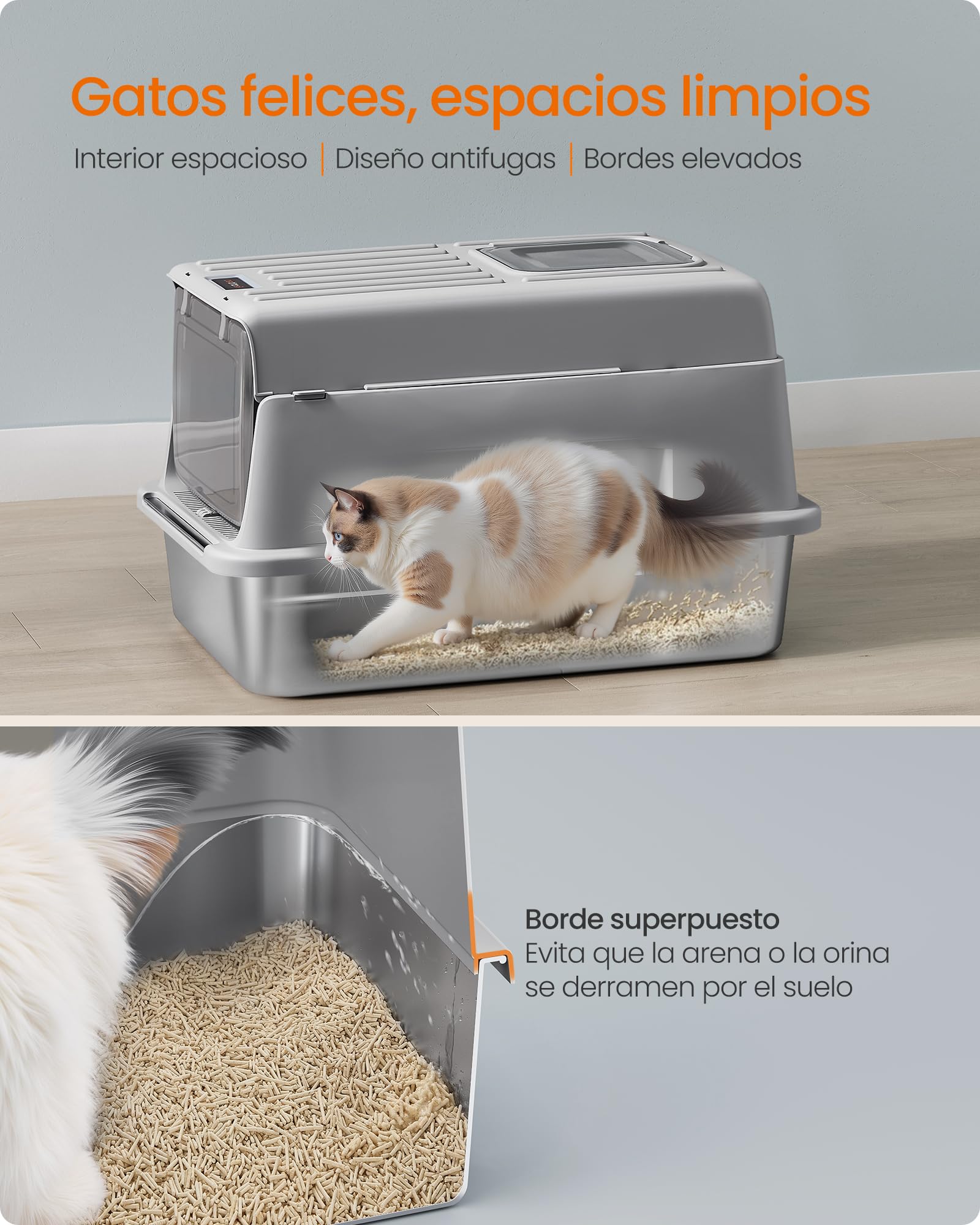 Feandrea Arenero para Gatos de Acero Inoxidable, Caja de Arena con Tapa, Incluye Pala, Alfombrilla y Dos Accesos, para Gatos de hasta 15 kg, Gris Paloma PPT007GN01