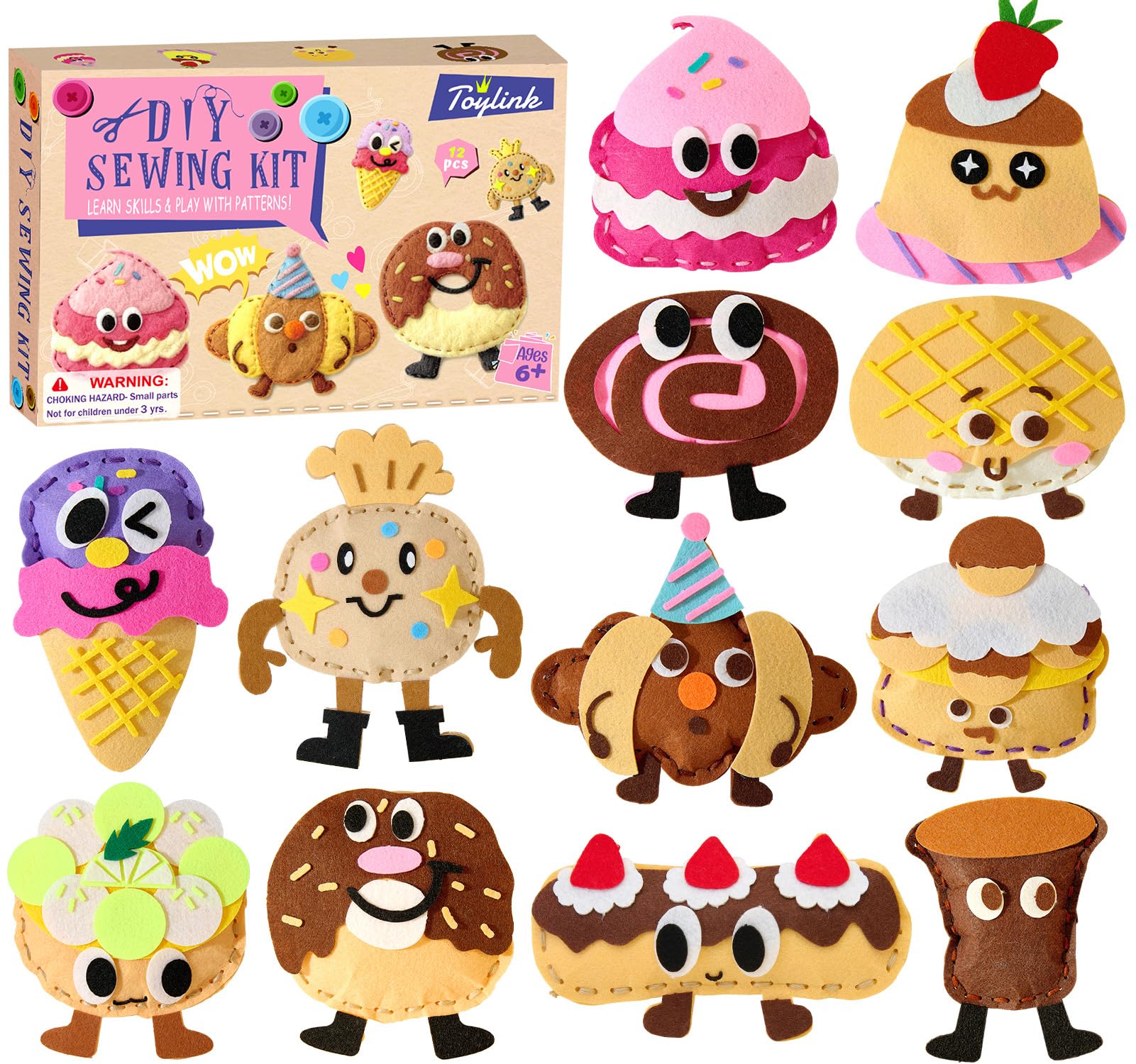 Toylink DIY Sewing Kit for Kids Ages 4-12, 12 Dessert Felt Craft Kit with Pre-Punched Holes, Blunt Plastic Needles, Cotton Stuffing - First Sewing Kit STEM Learning Toys for Girls Boys Birthday Gift