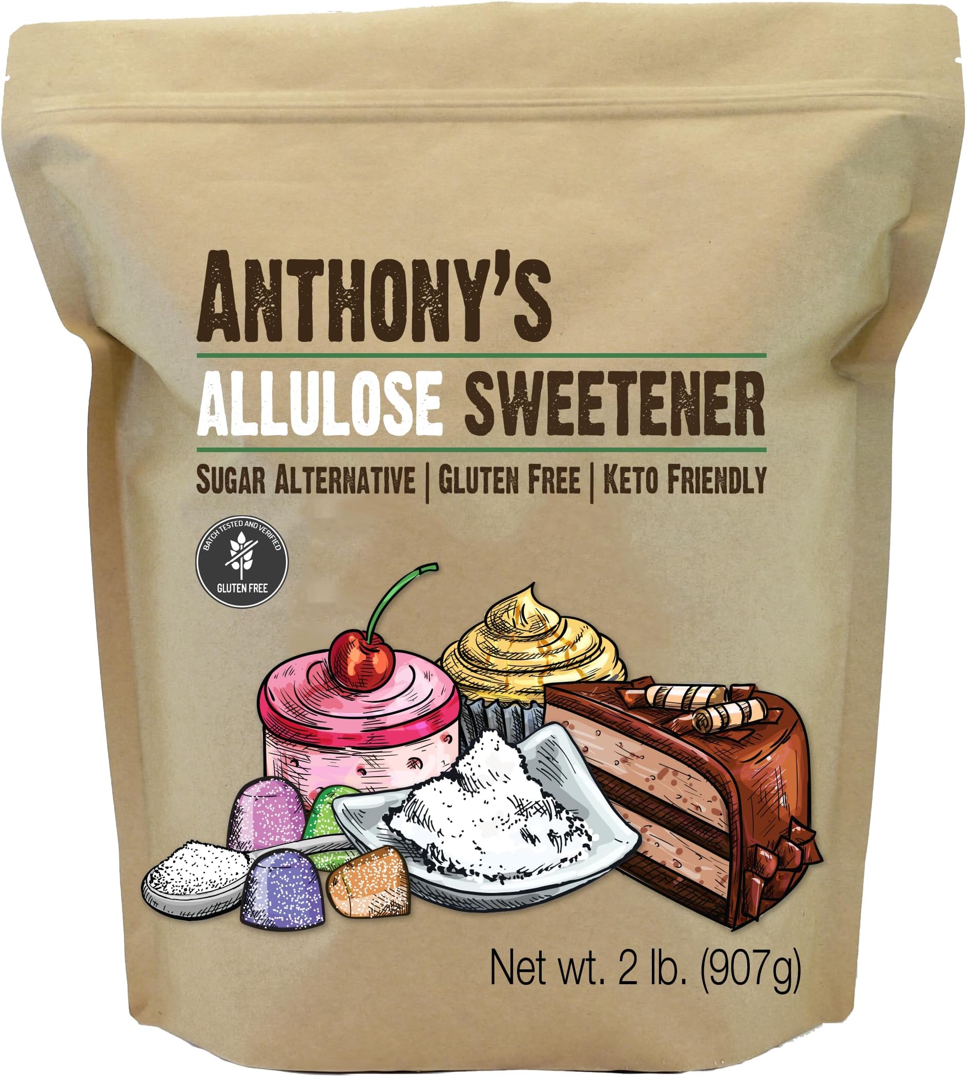 Anthony's Allulose Sweetener, 2lb, Batch Tested Gluten Free, Keto Friendly Sugar Alternative, Zero Net Carb, Low Calorie