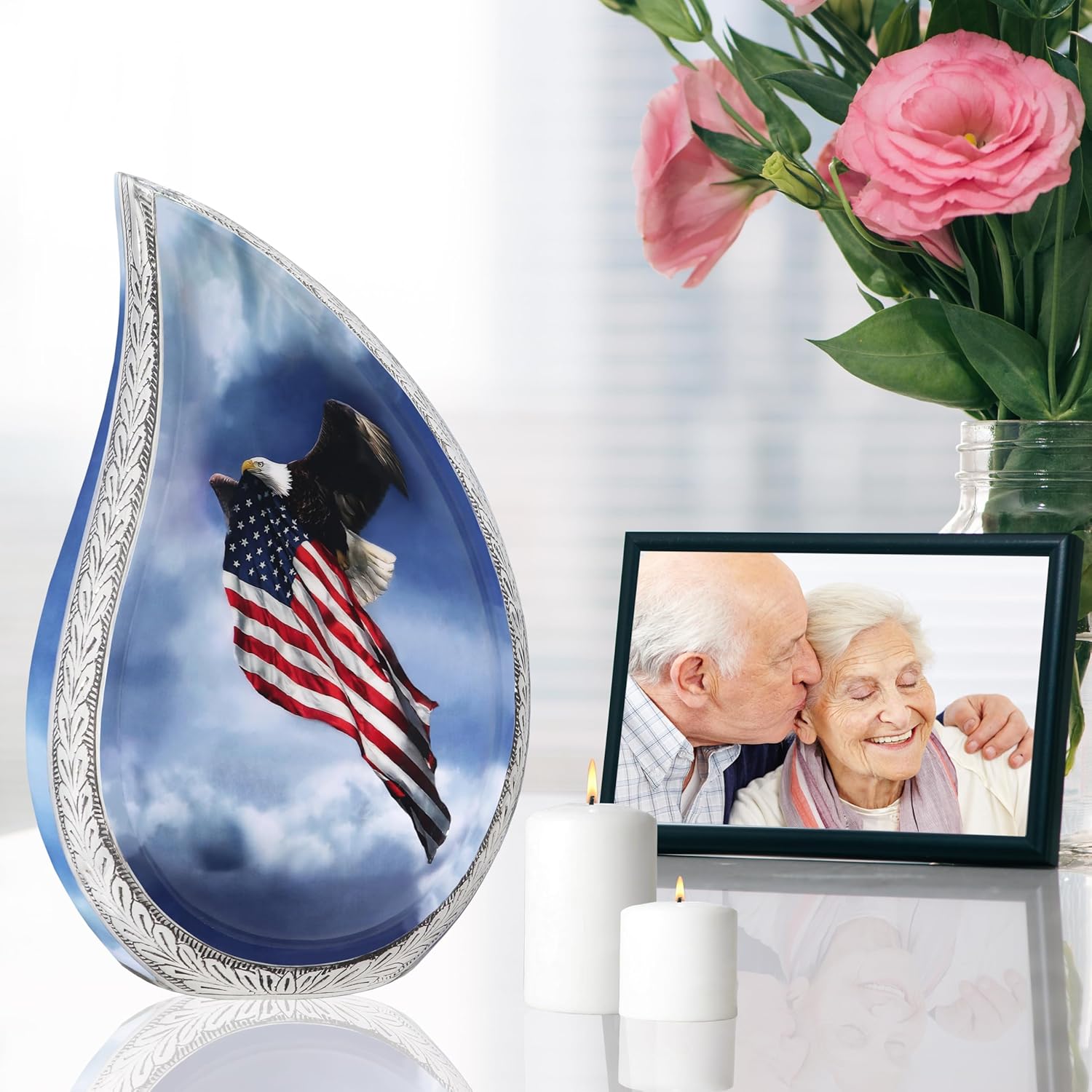 M MEILINXU Urn for Ashes Adult Male, Cremation Urns for Human Ashes Adult Man & Female, Funeral Decorative Urn for Women, Eagle and Patriotic Flag, Veteran Teardrop - Full Size Tear Drop