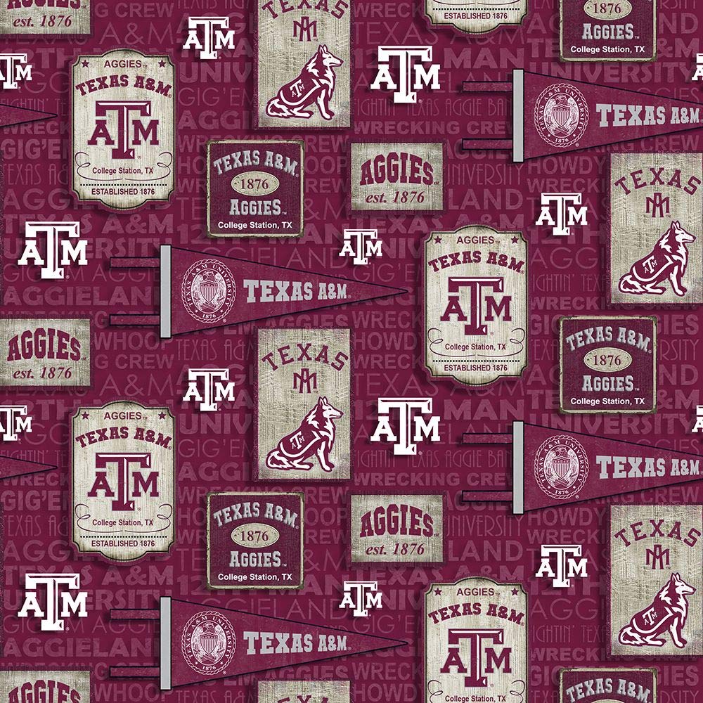 SYKEL ENTERPRISESTexas A&M Aggies Cotton Fabric with Vintage Pennant Design-Sold by The Full Yard