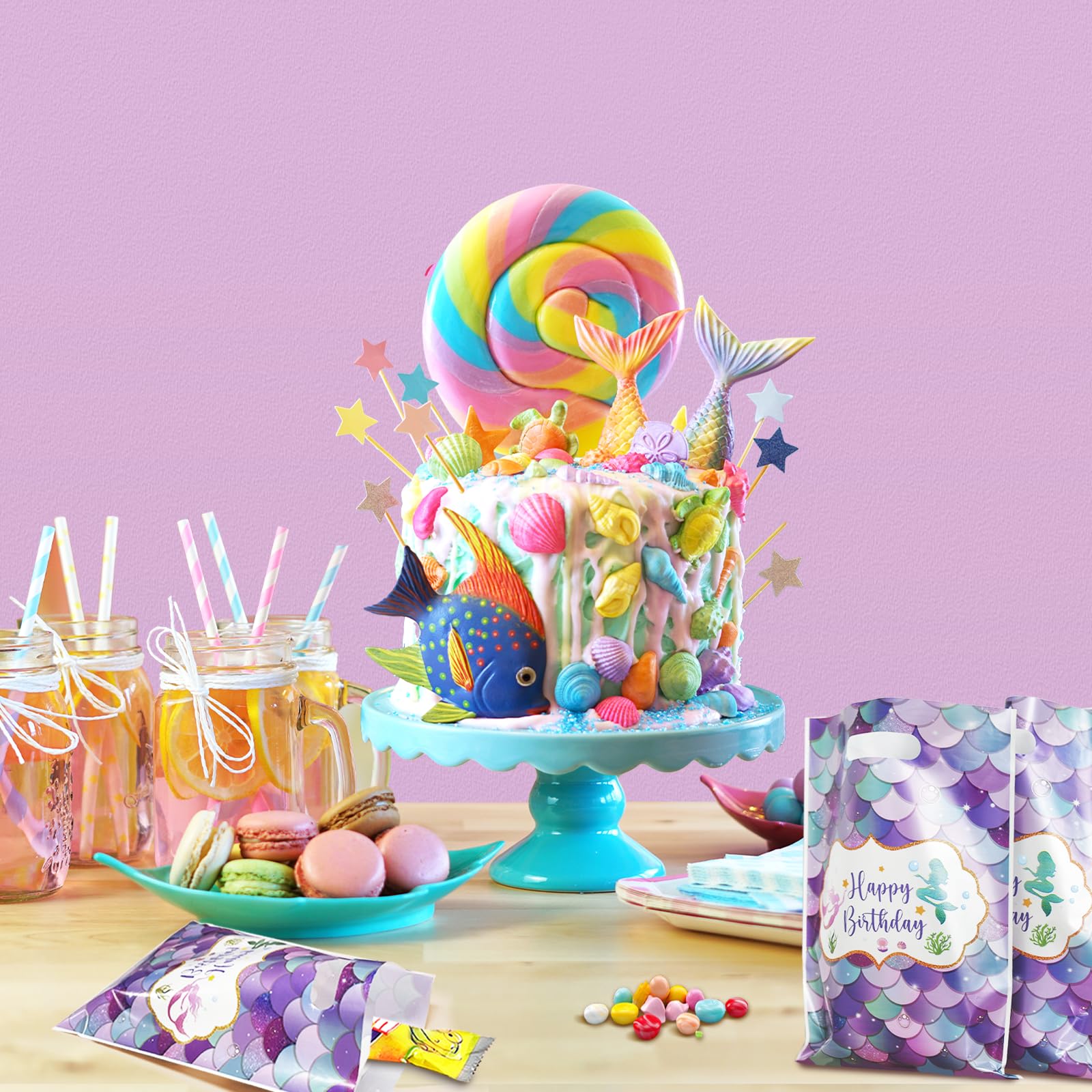 DaiUni 30 PCS Mermaid Birthday Goodie Bags Party Favor Bags Treat Bag with Handles for Kids Girls Mermaid Birthday