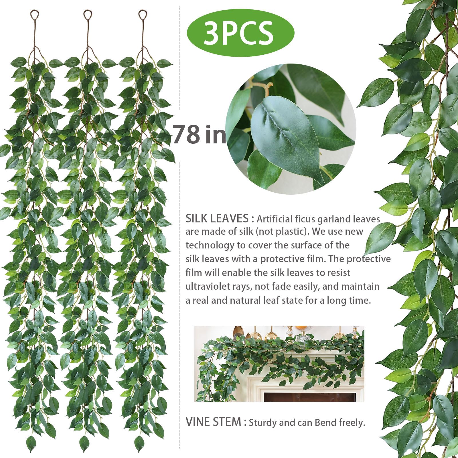 Mizii Künstliche Ranken-Girlande, 200 cm, künstliche Ficus-Ranken-Girlande, Seiden-grüne Blätter, Dekoration, künstliche Hängepflanzen für Hochzeit, Tischdekoration, Wanddekoration, Raumdekoration,
