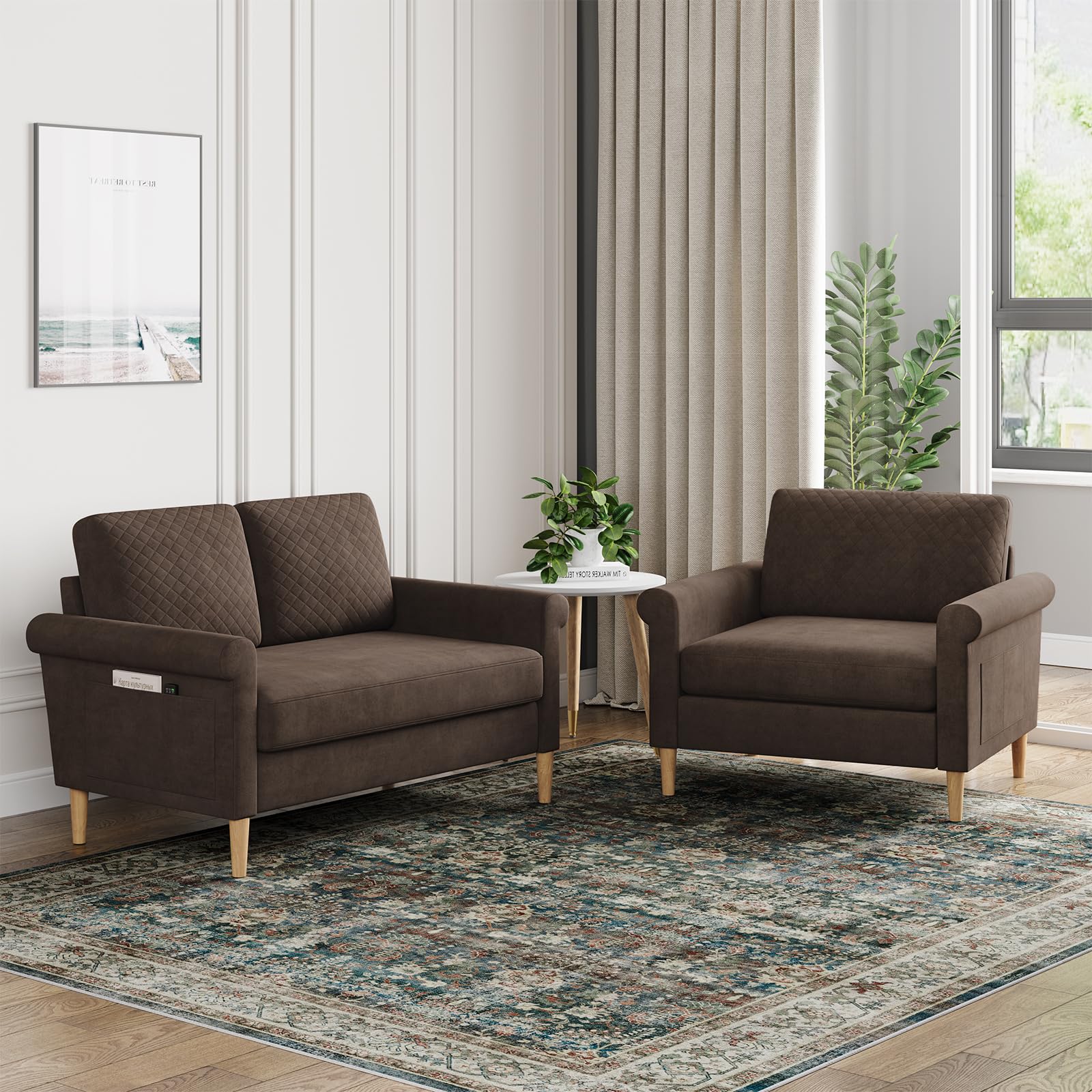 Vesgantti Divano Piccolo in Tessuto 2 Posti, con Tasche di Archiviazione su Entrambi i Lati, Mini Divano Imbottito per Soggiorno Ufficio, Montaggio Senza Utensili, 123L x 70P x 88H cm, Marrone