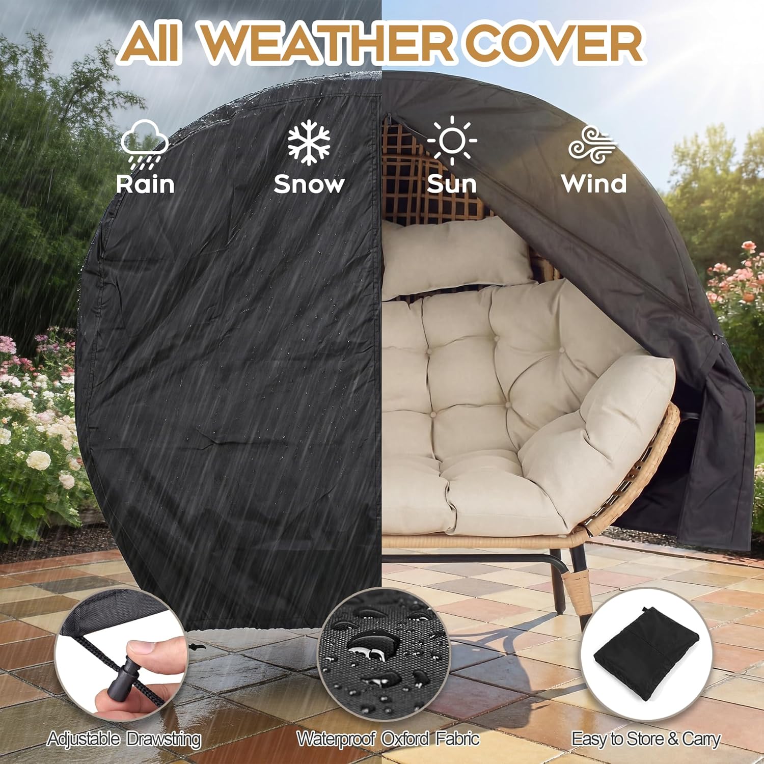 Double Egg Chair Outdoor Indoor 2 Person Wicker Egg Lounge Chair with Cushion Handrest Rack Rain Cover Patio Oversized Loveseat for Balcony Porch Backyard