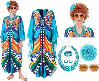 Maiteenly 7pcs Halloween Lady Costume Curly Red Brown Wig Print Caftan Dresses Jewelry Set and Sunglass for Cosplay Party