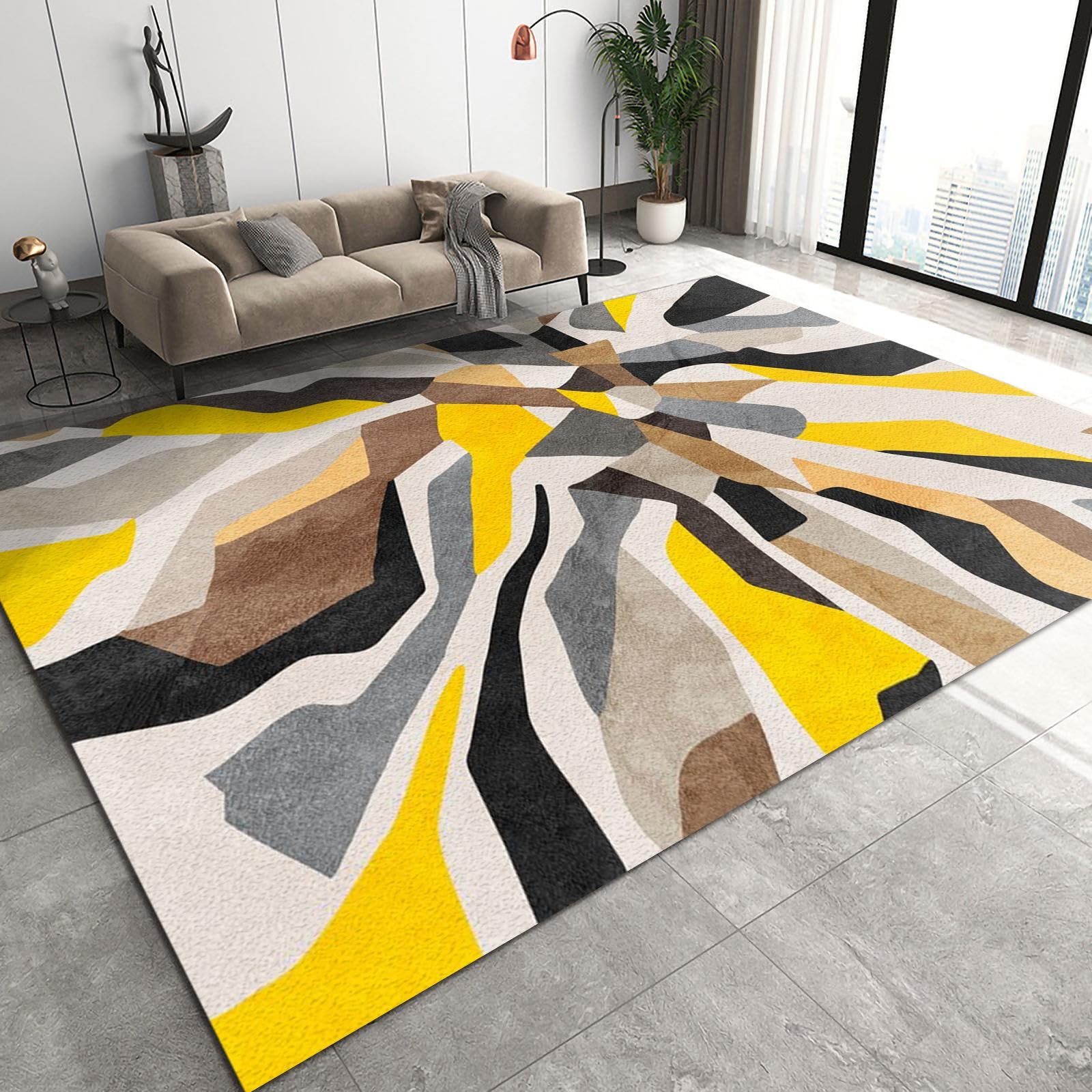 Yellow Brown Irregular Geometric Area Rug, Modern Art European Style Indoor Carpet, Large Non-Slip Soft Comfortable for Living Room Bedroom Office