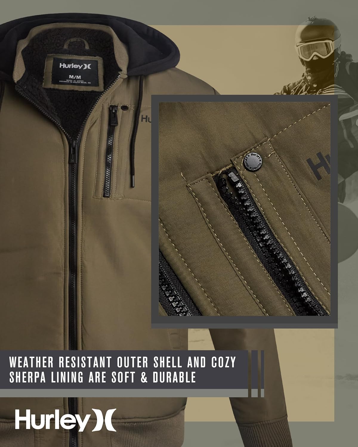 Hurley Mens Bomber Jacket - Soft Cozy Sherpa Lined Weather Resistant Casual Hooded Fleece Jacket for Men (Sizes: S-XL) - Image 6