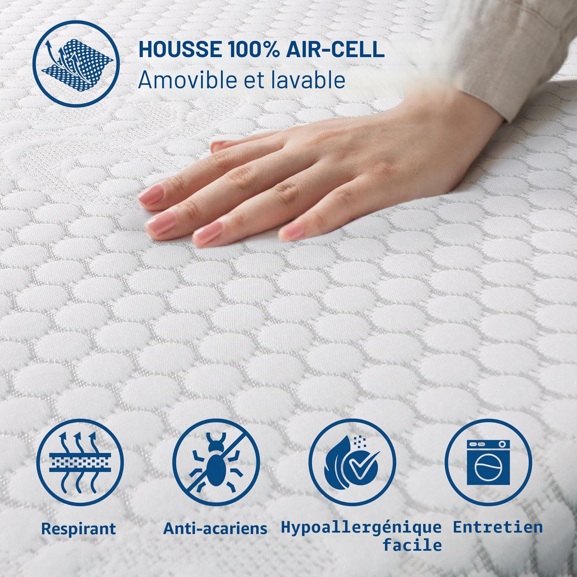 Surmatelas Memoire de forme (70x200cm)-H3 | Topper Correcteur De Matelas 6 cm | Sur-Matelas pour Adulte Ergonomique | Couvre-Matelas Rembourré avec Housse Amovible | Antibactérien & Antifongique