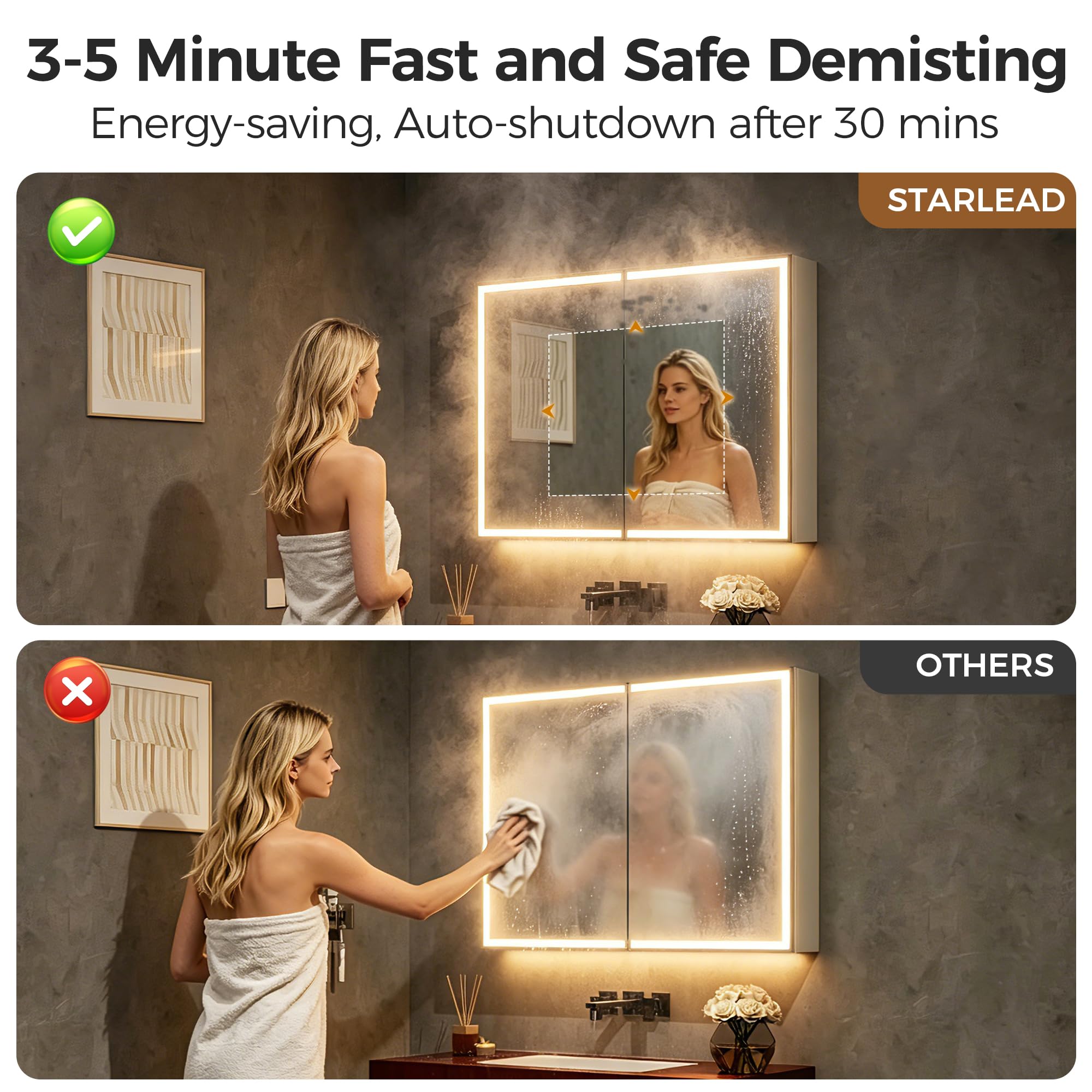 STARLEAD Armario con Espejo LED para Cuarto de baño, 60 x 80 cm, Color Crema y Blanco, Armario con Espejo de baño con iluminación y antivaho, Armario Colgante de Aluminio, Color de luz Regulable
