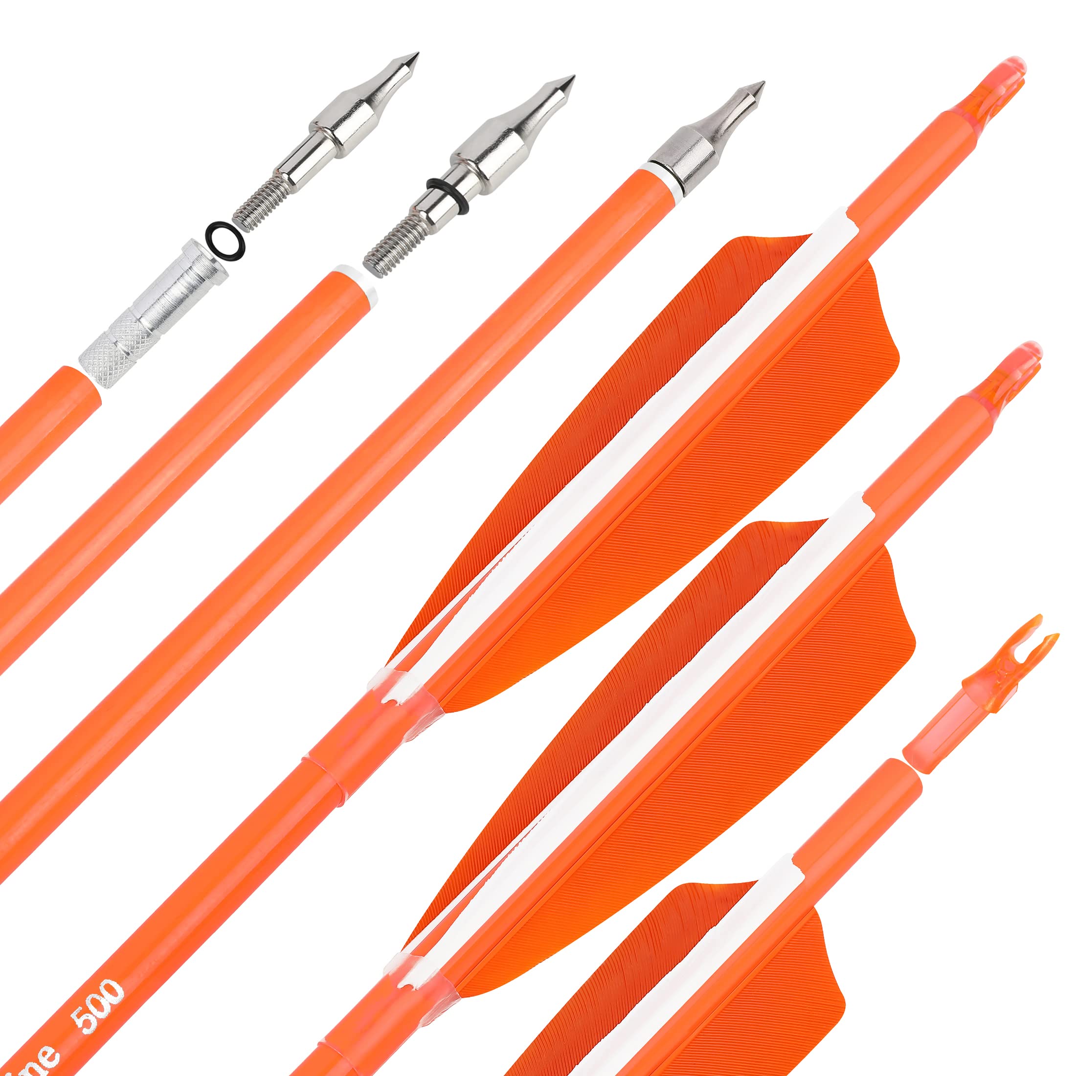 31" Flèches de Chasse en Carbone Fluorescent 500 600 Spine avec Plume Naturelle Flèches d'Entraînement pour Tir à l'arc à Poulies/Recurve/Arc Long 6/12pcs