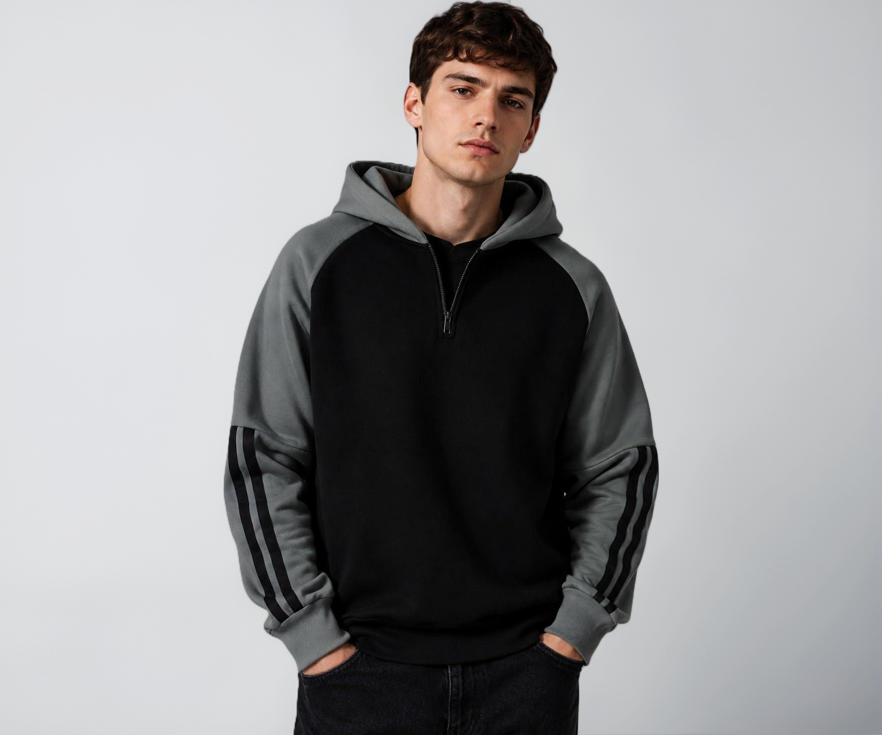 AZLANE Men Regular Fit Colorblock Raglan Hoodie Black - Image 1