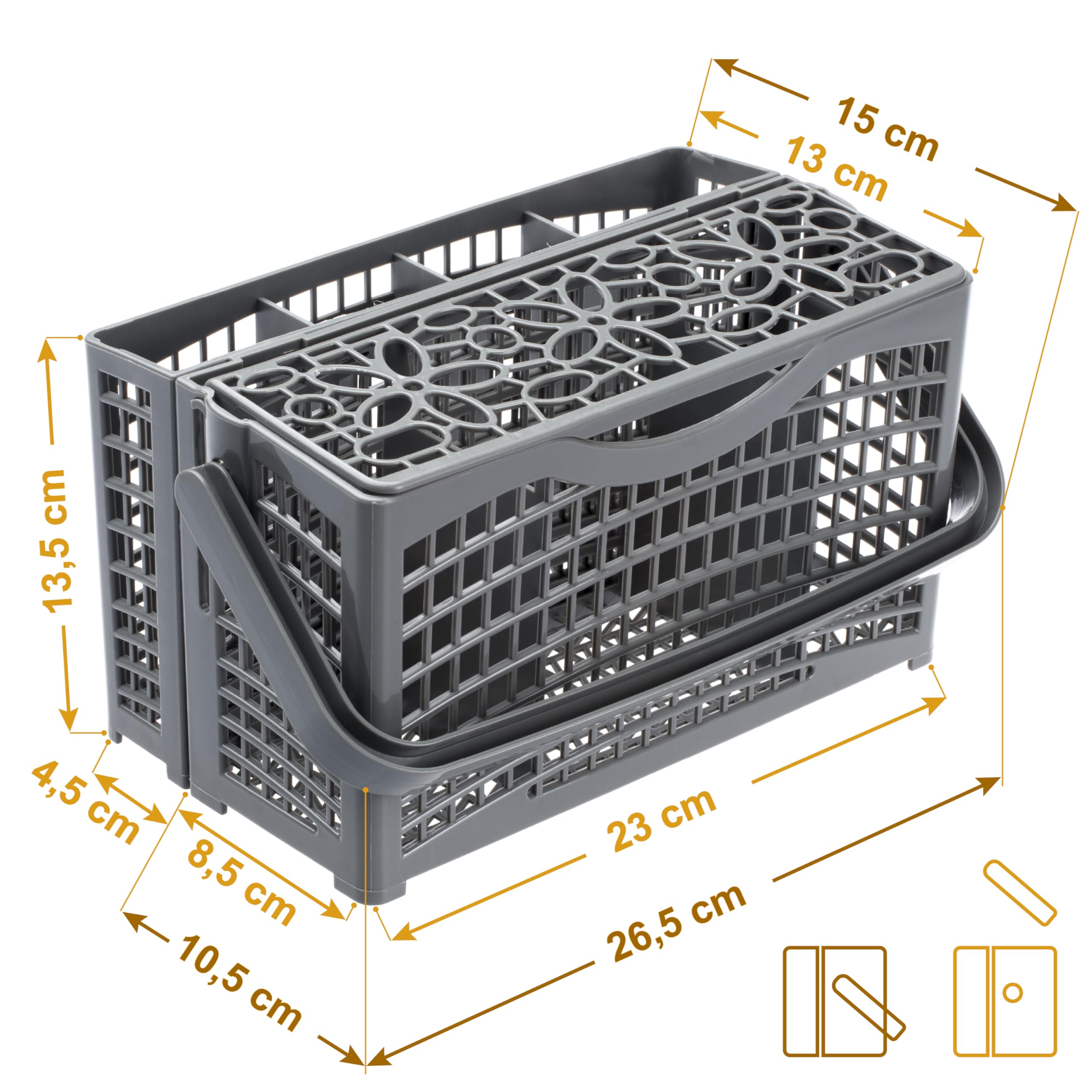 Panier à Couverts pour des Couverts propres et hygiéniques - Universel Divisible pour tous lave-vaisselle livré avec aimant - 23 x8,5+4,5x13,5 cm, Gris