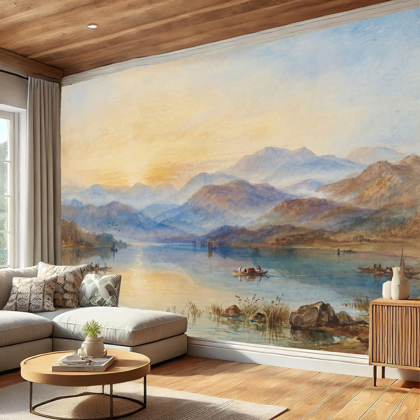 Papier peint panoramique montagnes au bord du lac pour une chambre d'enfants sereine