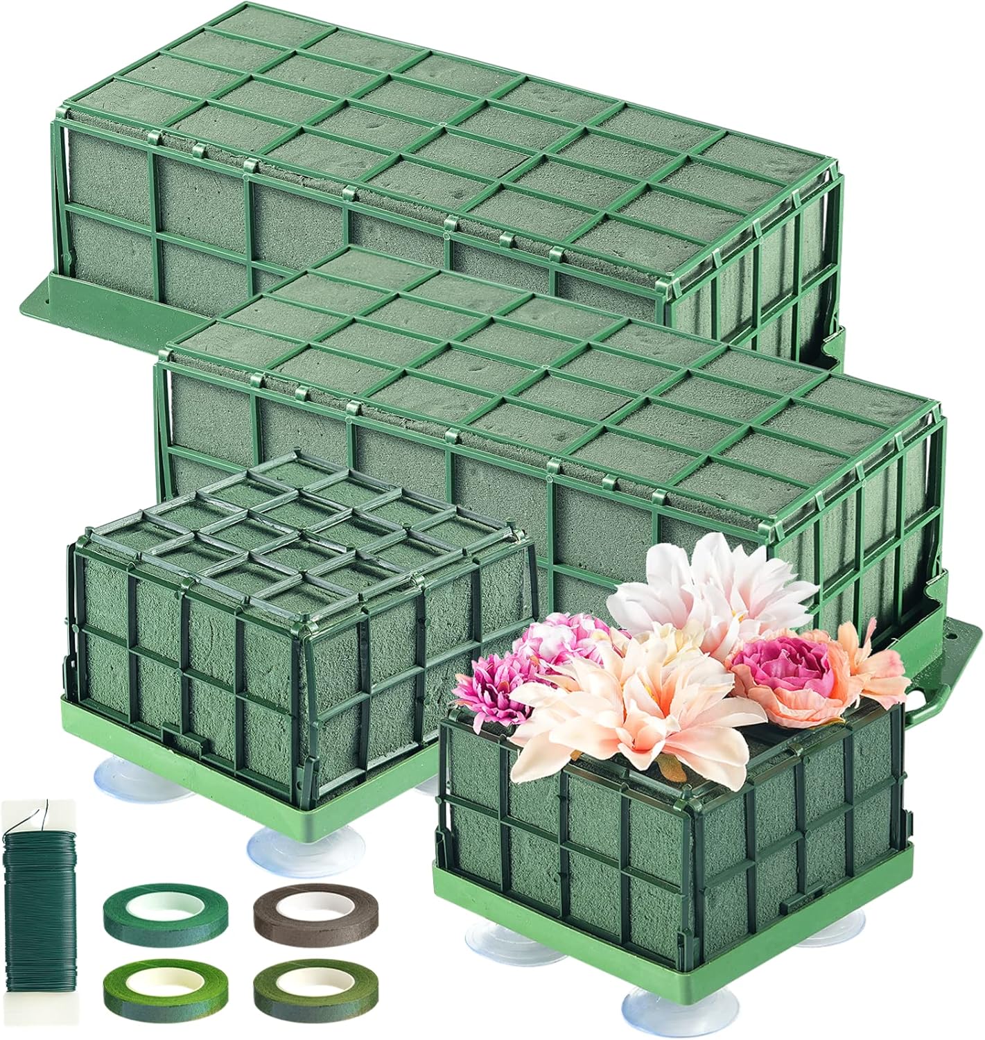 Floral Foam Cage, 4 Pcs Flower Foam Blocks for Flower Arrangement, Suction Cup Floral Holder Sponge with Tapes & Iron Wire, Floral Craft Wet Foam for Home Garden Door Tabletop Florist Wedding Decor