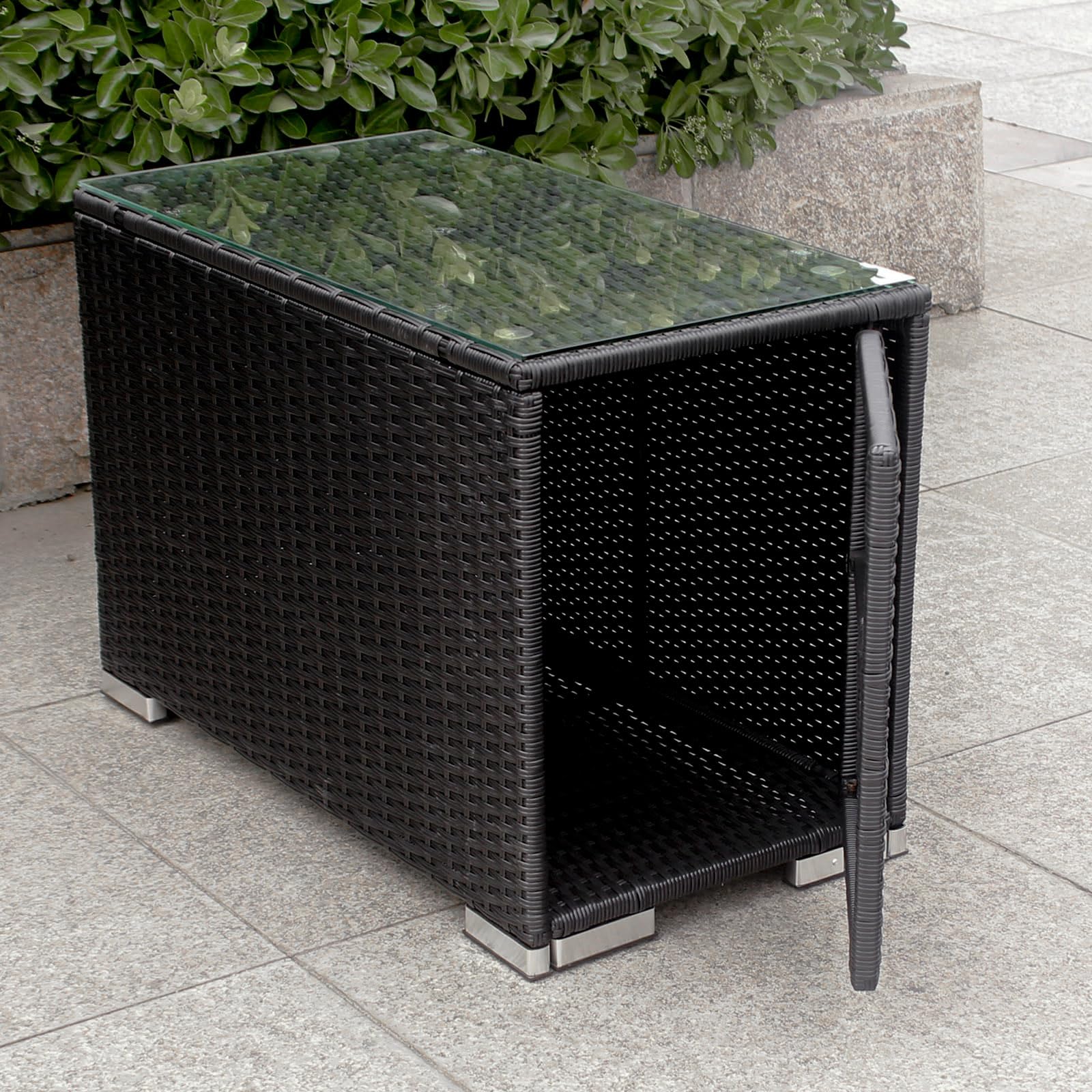 Couchtisch Beistelltisch Gartentisch Teetisch Tisch Gartenmöbel Kaffeetisch Balkontisch Terrasse Abstelltisch mit Stauraum und Glassplatte 75x40x50cm Poly Rattan Glas (Schwarz)