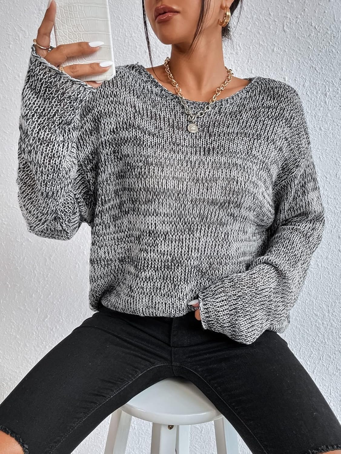 BEDAW Women's Sweater Marled Knit Drop Shoulder Sweater Sweater for Women (Color : Gray, Size : Medium)