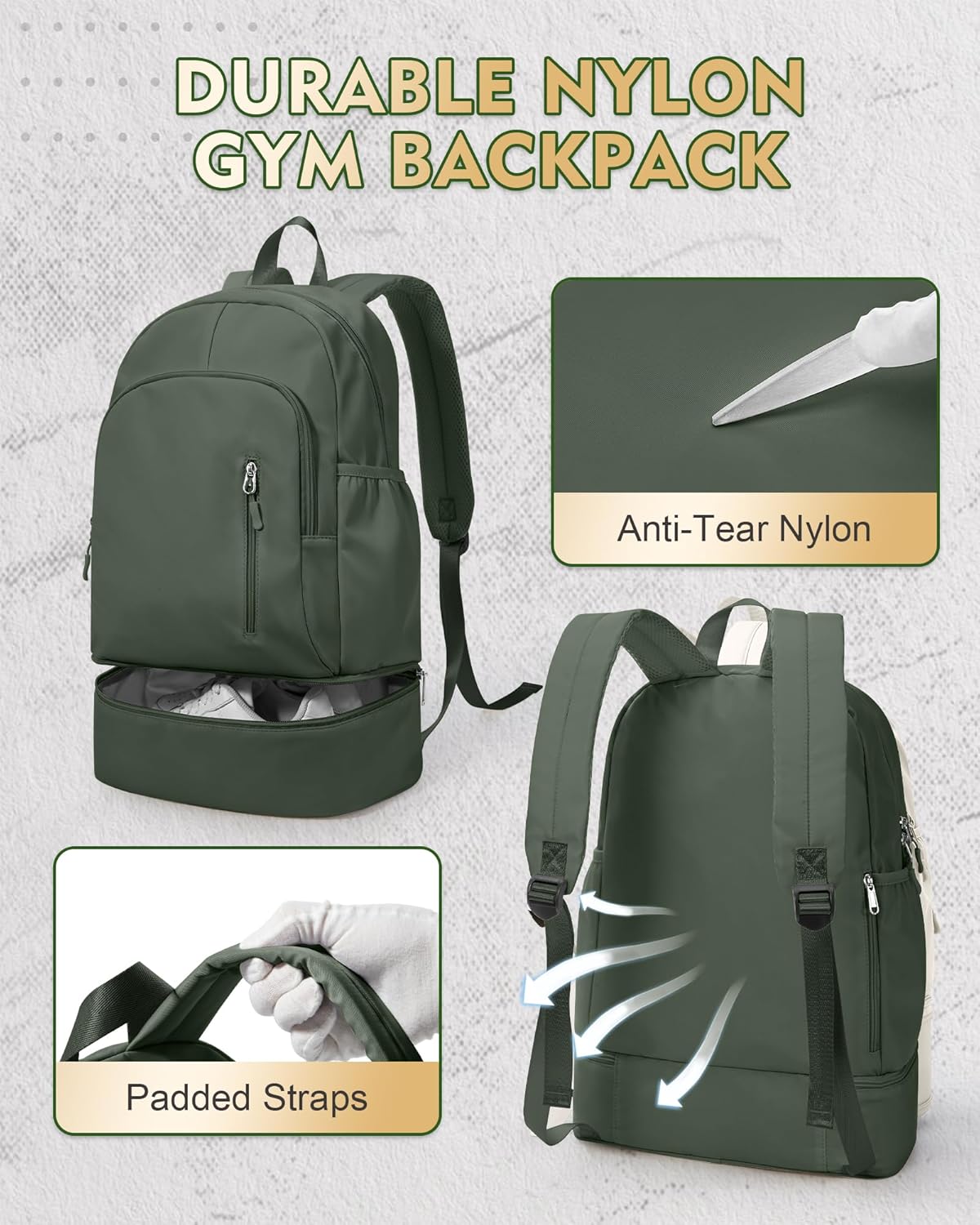 Gym Backpack for Women Men, Lightweight Gym Bag with Shoe Compartment, Waterproof Sports Backpack with Wet Pocket, Green - Image 2