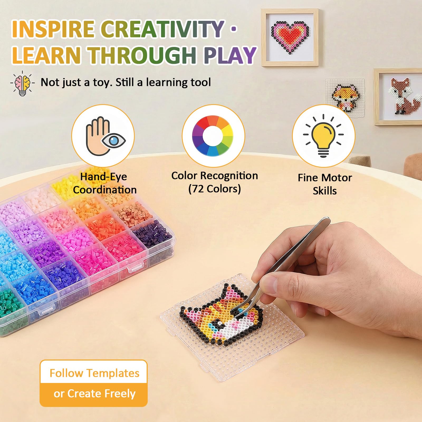 Mini Set di Perline da Stirare 2,6 mm, Piccole Perline con Piastre per Perline da Stirare, Kit di Perline da Stirare Fai-da-Te come Regalo per Bambini & Hobby di Arte Pixel, con Diverso