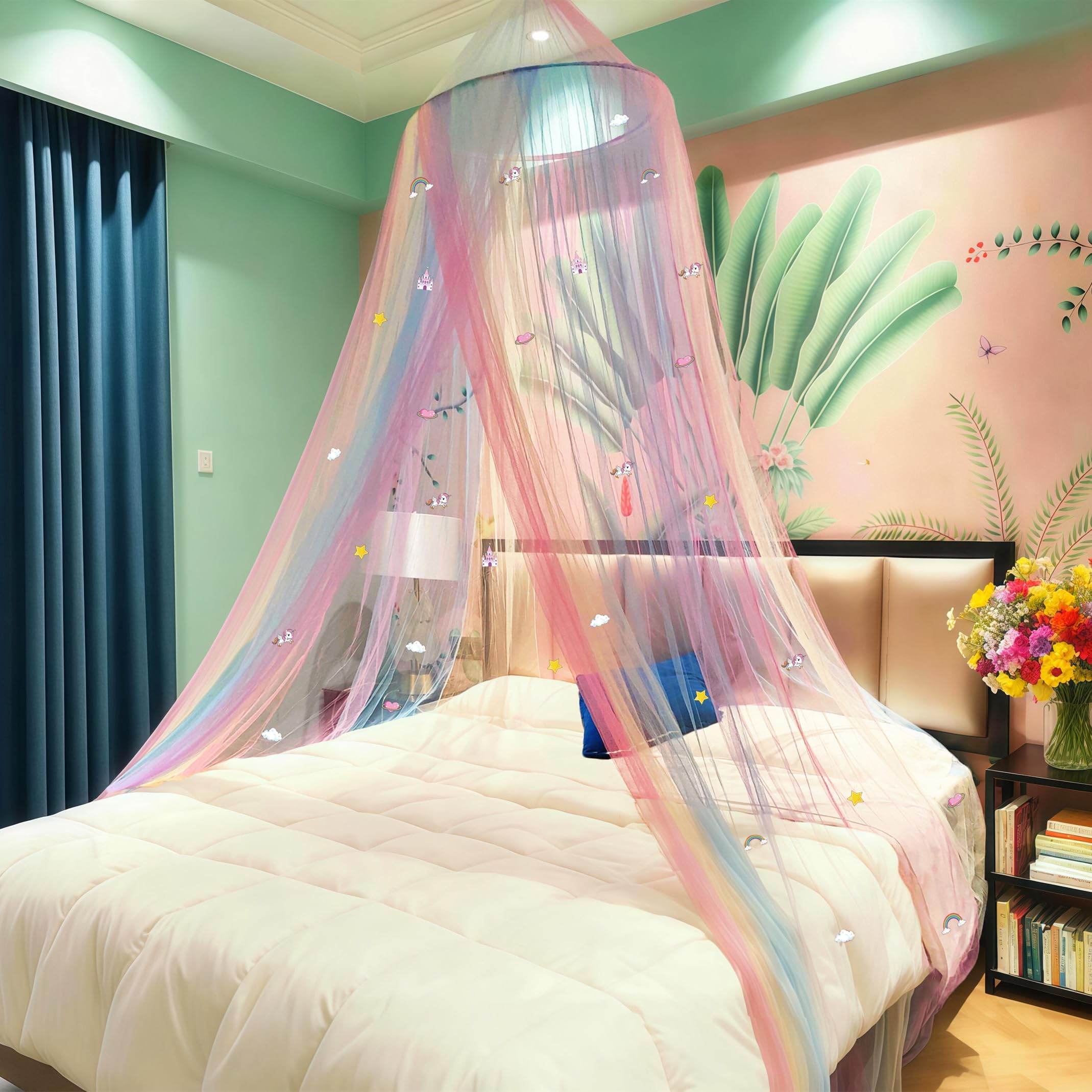 Eimilaly Princess Rainbow Bed Canopy with Unicorn Castle Glow in the Dark, Bed Canopy for Girls Room Decor or Fairy Theme Party
