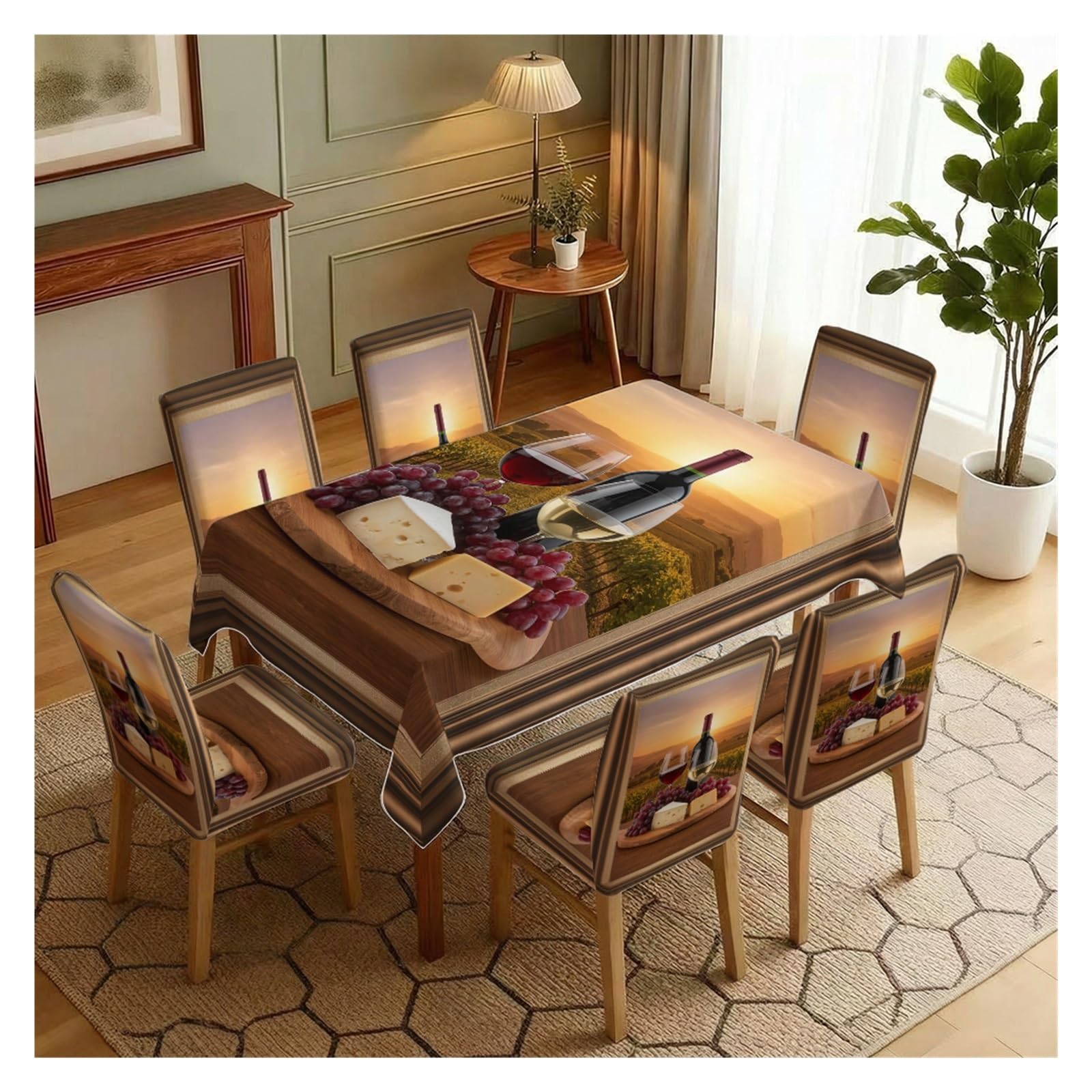 BOSUYBN Stretch Dining Chair Slipcover & Tablecloth Set, Wine Grape Vineyard Print, 5/7 Pack, Kitchen Wine Cellar Farmhouse Decor Table Setting(7pcs Set: Tablecloth+Chair Covers)