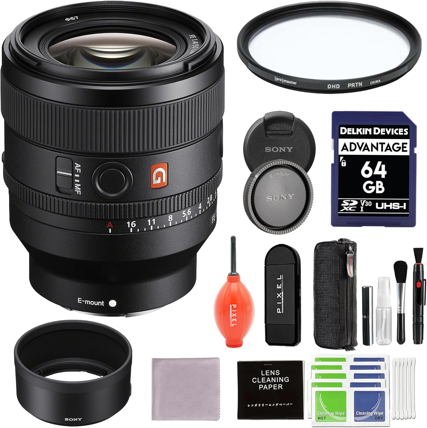Sony FE 50mm f/1.4 GM Lens for E-Mount Mirrorless Camera Bundle with Pixel Hurricane Blower, Cleaning Kit, 64GB SD Card & More | Sony 50mm 1.4