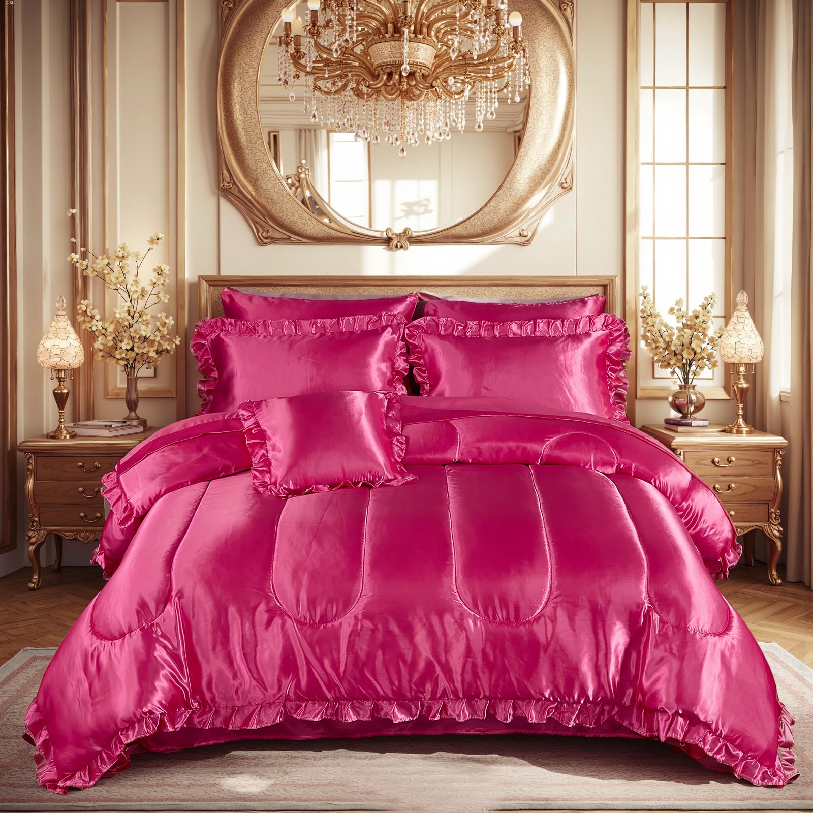 Bedding_Dreamer King Size Satin Bed in a Bag Hot Pink Bedding Set Silk Like Silky Comforter Set Sexy Silky Sheet Set Luxury Hotel Room Decor Womens