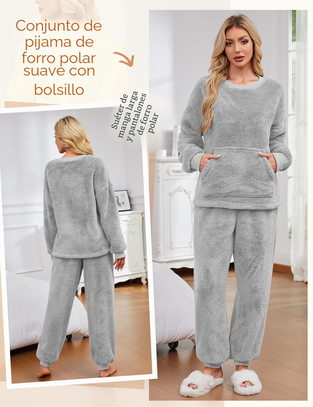 UMIPUBO Pijama Mujer Invierno de Forro Polar Conjunto Super Suave Cálida Largos Pijamas Dos Piezas Dormir Ropa Manga Larga Casa Calentito Pullover y Fleece Pantalones con Bolsillo