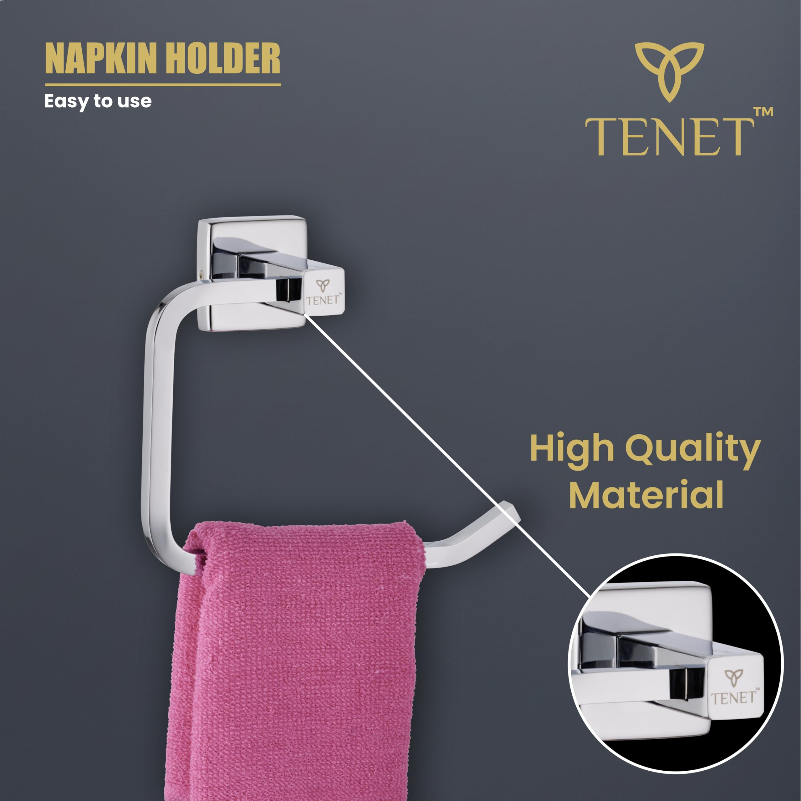 TENET Towel Ring/Hand Towel Holder/Washbasin Napkin Stand/Towel Hanger/Napkin Loop Wall Mounted Bathroom Accessory | with 1 Year Warranty Towel Ring (Chrome) 2