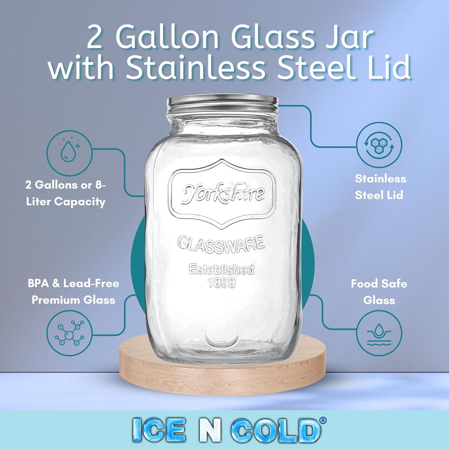 ICE N COLD Large Glass Jar - Clear Wide Mouth Container for Storage, Kitchen, Pantry, and Laundry (2-Gallon | 8-Liter)