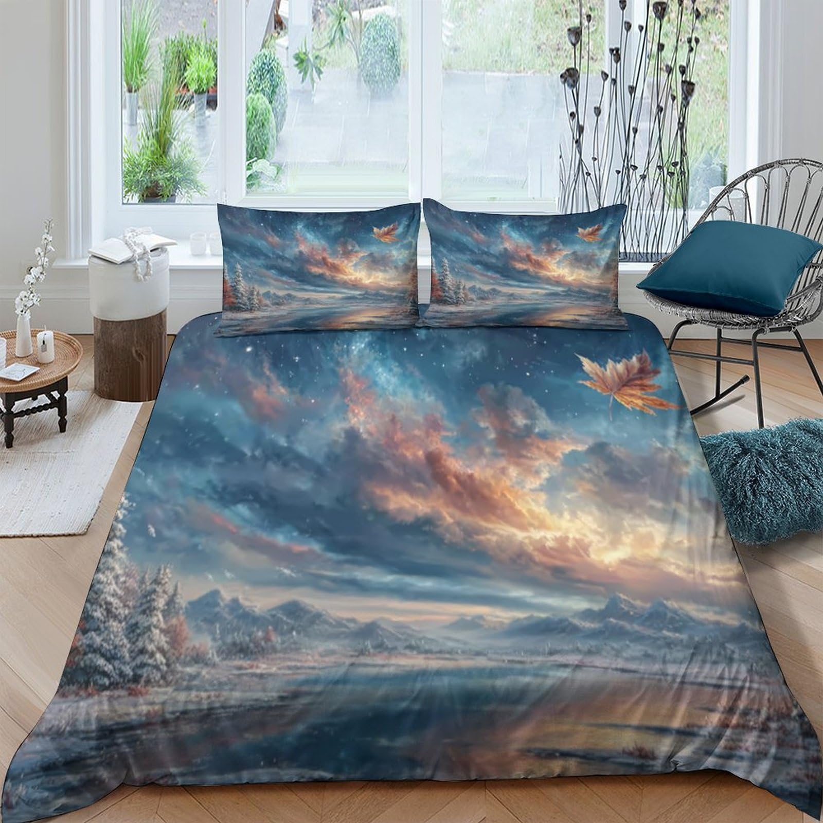 Ctjqhvkz Style-5 3D Printed Sunset Sky Fitted Sheet Microfiber Soft Breathable Mountain Lake Bed Cover For Bedroom Decor Mattress Protection Single（135X200cm）